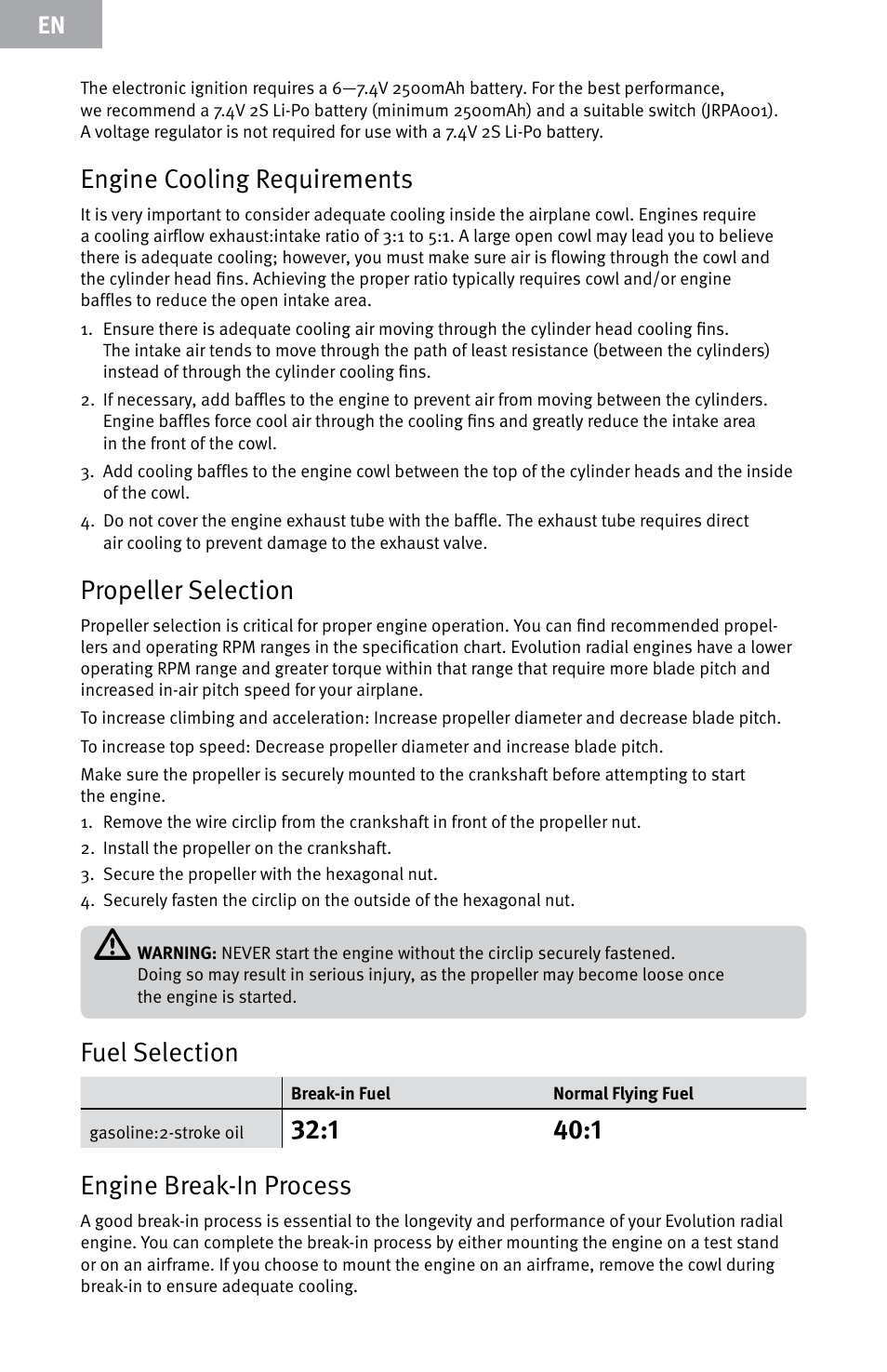 Engine cooling requirements, Propeller selection, Fuel selection | 1 40:1 engine break-in process | Evolution Engines E7260 User Manual | Page 6 / 56