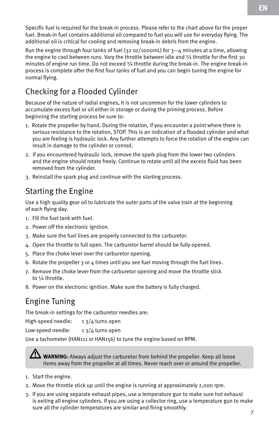 Checking for a flooded cylinder, Starting the engine, Engine tuning | Evolution Engines E7260 User Manual | Page 7 / 56
