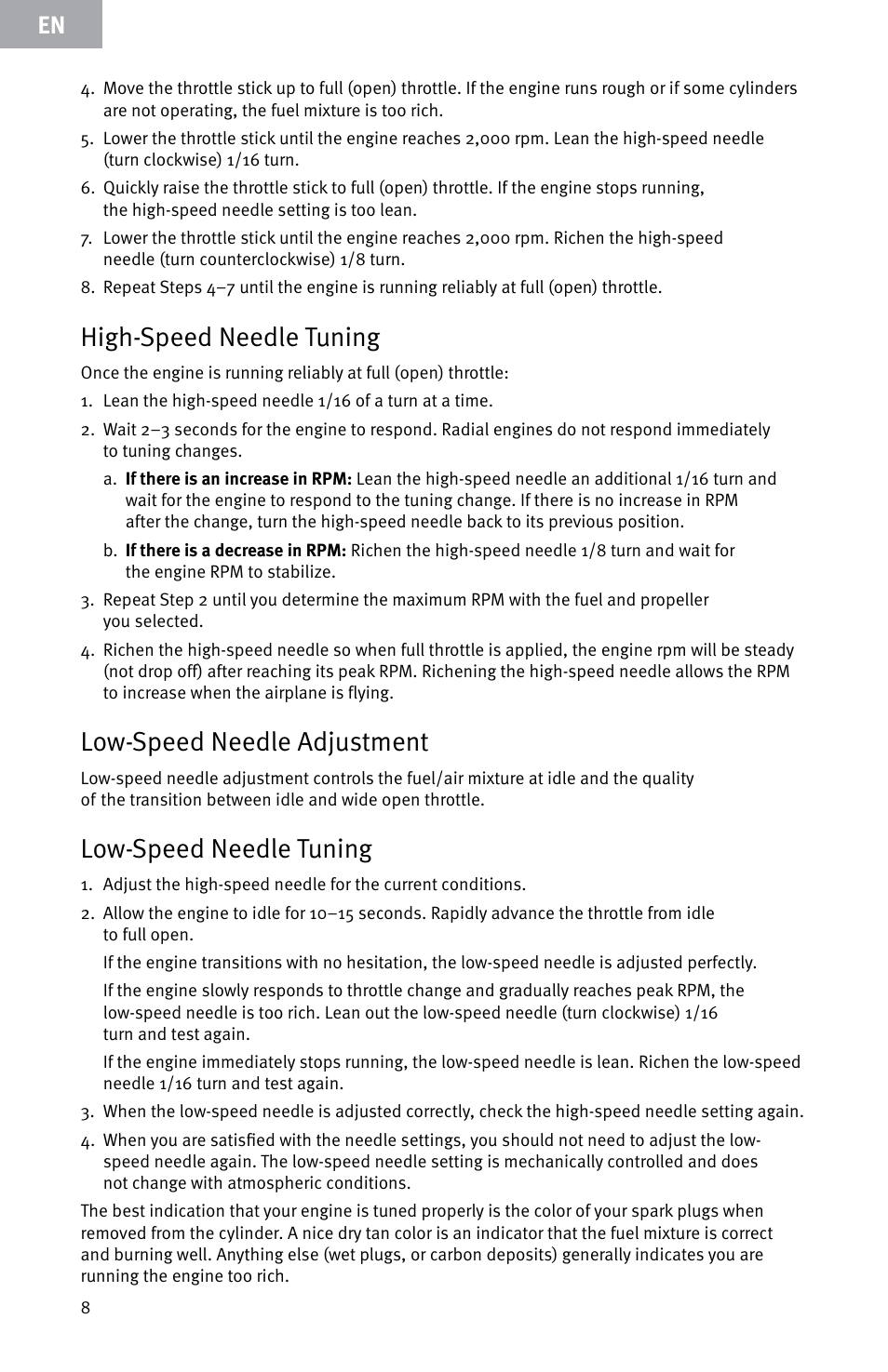 High-speed needle tuning, Low-speed needle adjustment, Low-speed needle tuning | Evolution Engines E7260 User Manual | Page 8 / 56