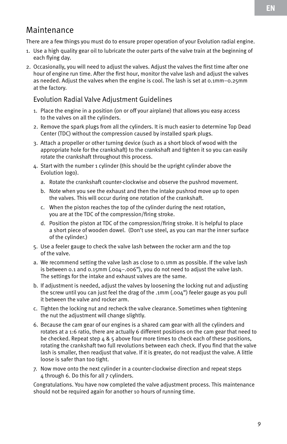 Maintenance, Evolution radial valve adjustment guidelines | Evolution Engines E7260 User Manual | Page 9 / 56