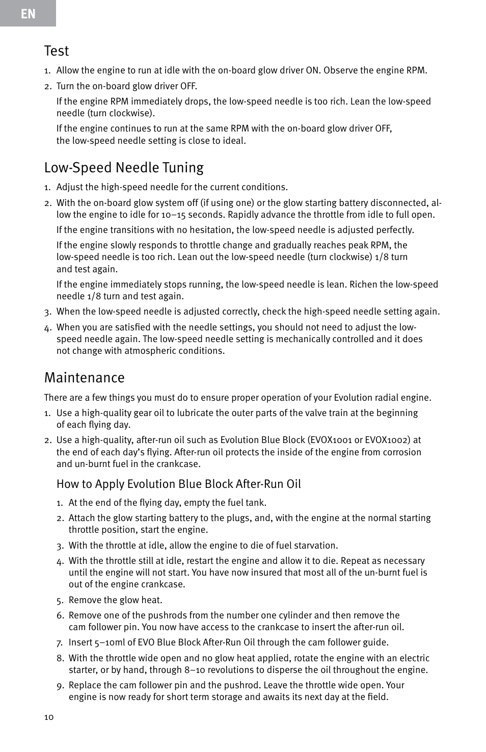 Test, Low-speed needle tuning, Maintenance | How to apply evolution blue block after-run oil | Evolution Engines E999 User Manual | Page 10 / 60