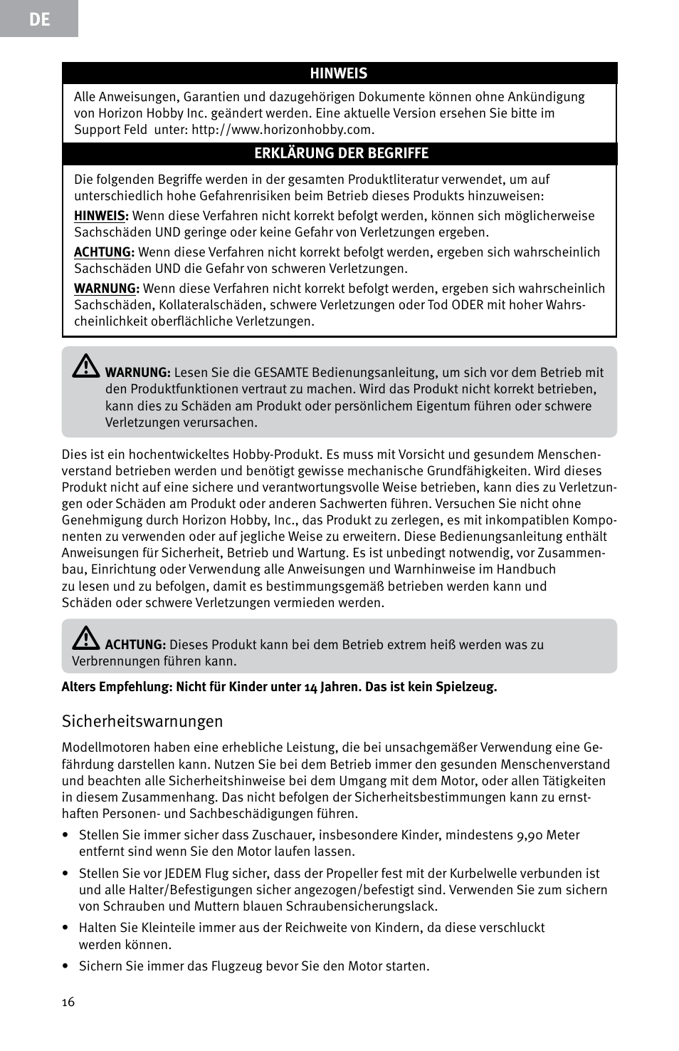 Sicherheitswarnungen | Evolution Engines E999 User Manual | Page 16 / 60