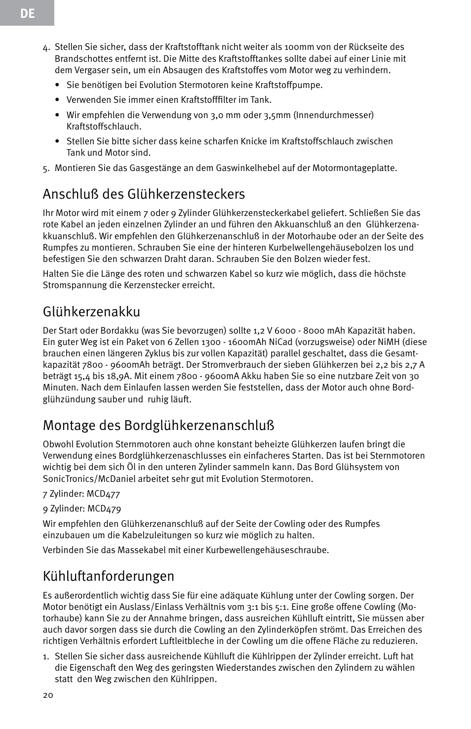 Anschluß des glühkerzensteckers, Glühkerzenakku, Montage des bordglühkerzenanschluß | Kühluftanforderungen | Evolution Engines E999 User Manual | Page 20 / 60