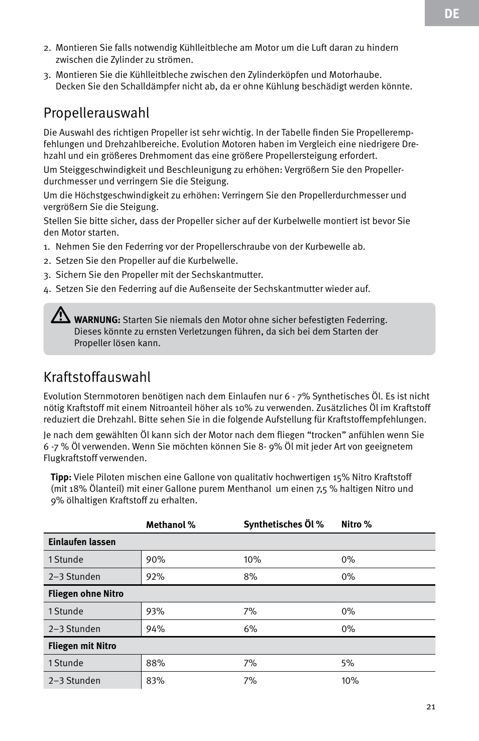Propellerauswahl, Kraftstoffauswahl | Evolution Engines E999 User Manual | Page 21 / 60