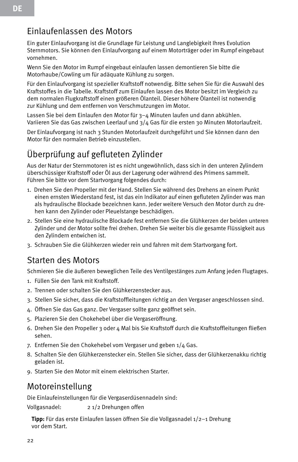Einlaufenlassen des motors, Überprüfung auf gefluteten zylinder, Starten des motors | Motoreinstellung | Evolution Engines E999 User Manual | Page 22 / 60