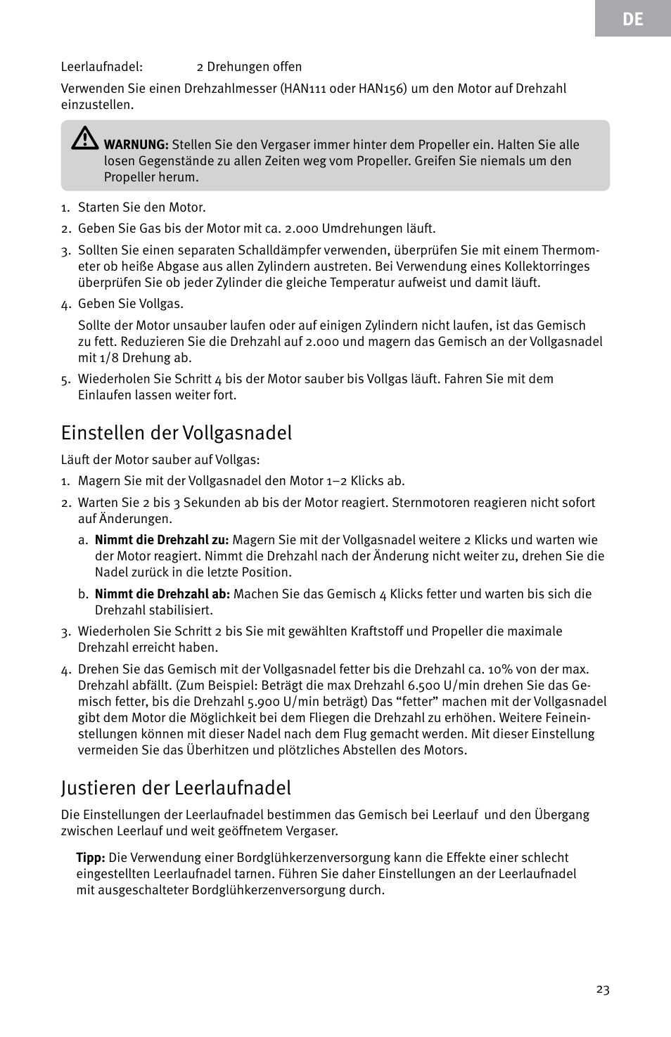 Einstellen der vollgasnadel, Justieren der leerlaufnadel | Evolution Engines E999 User Manual | Page 23 / 60