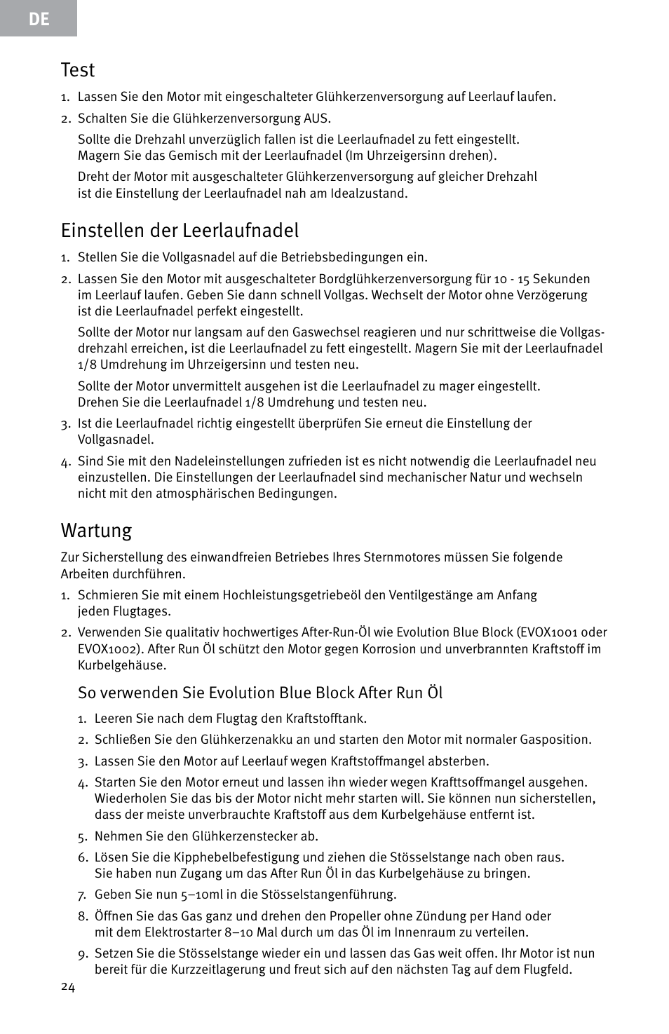 Test, Einstellen der leerlaufnadel, Wartung | So verwenden sie evolution blue block after run öl | Evolution Engines E999 User Manual | Page 24 / 60