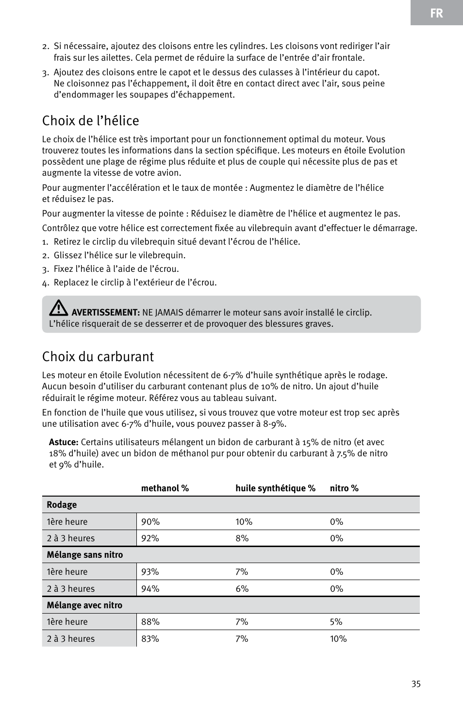 Choix de l’hélice, Choix du carburant | Evolution Engines E999 User Manual | Page 35 / 60