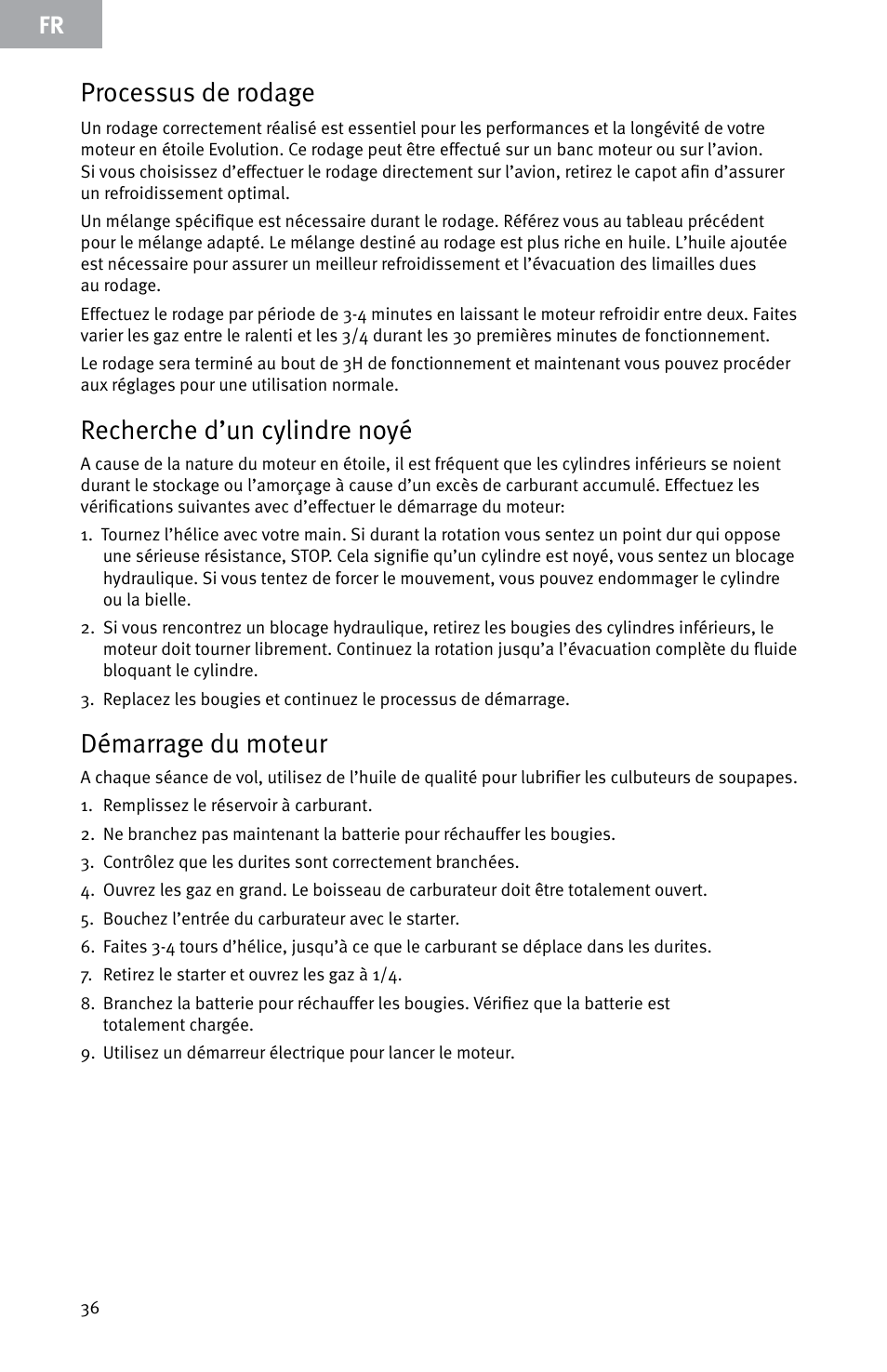 Processus de rodage, Recherche d’un cylindre noyé, Démarrage du moteur | Evolution Engines E999 User Manual | Page 36 / 60
