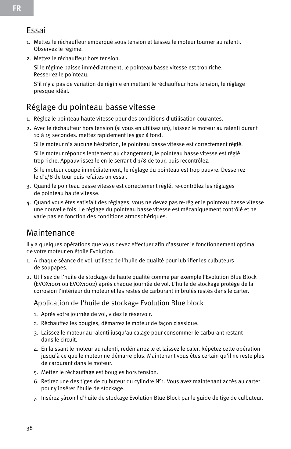 Essai, Réglage du pointeau basse vitesse, Maintenance | Evolution Engines E999 User Manual | Page 38 / 60