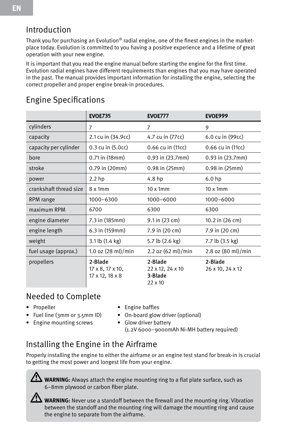 Introduction, Engine specifications, Needed to complete | Installing the engine in the airframe | Evolution Engines E999 User Manual | Page 4 / 60