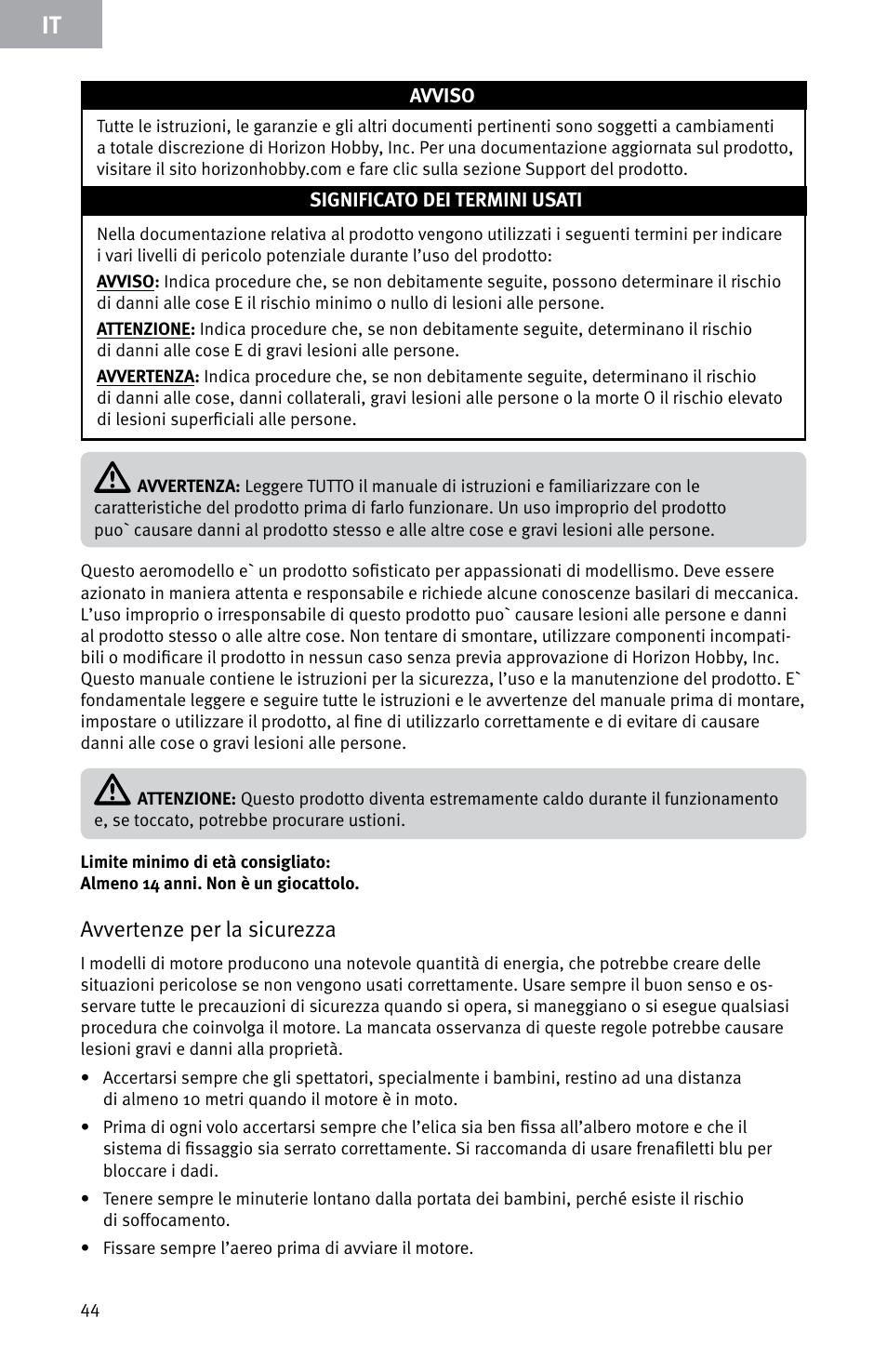Avvertenze per la sicurezza | Evolution Engines E999 User Manual | Page 44 / 60