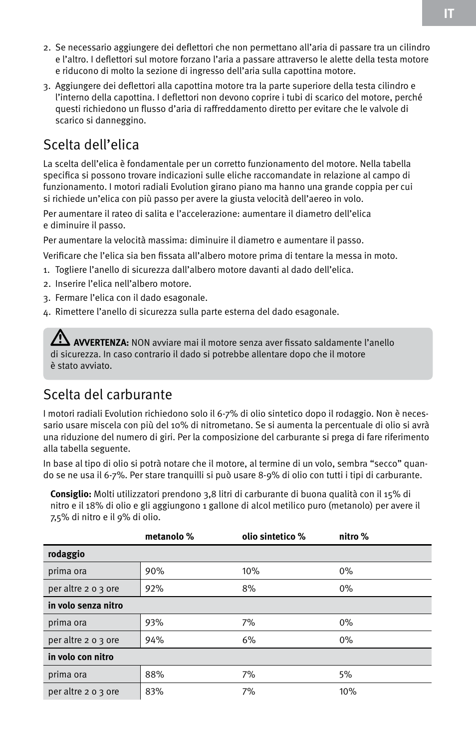 Scelta dell’elica, Scelta del carburante | Evolution Engines E999 User Manual | Page 49 / 60