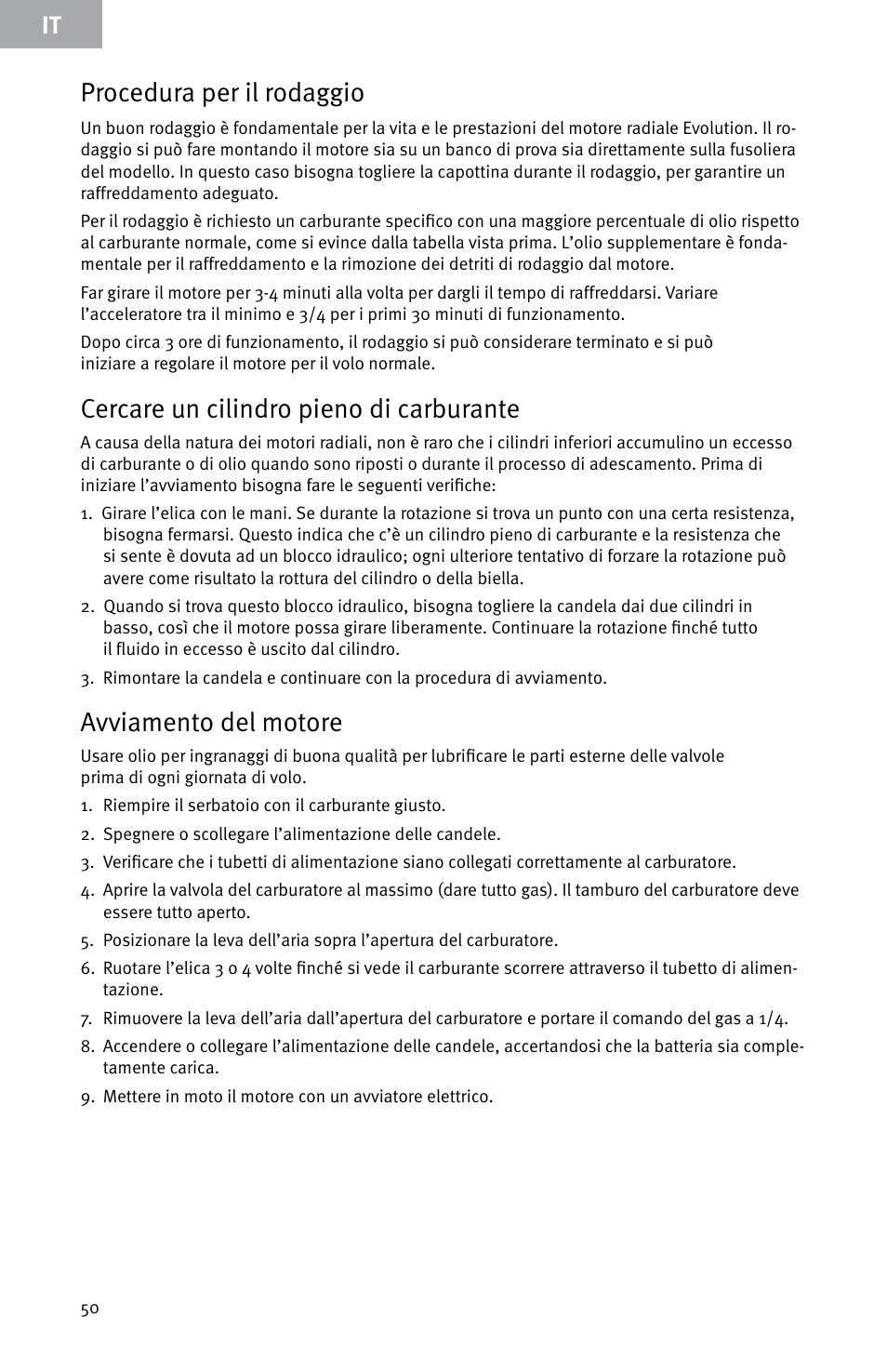 Procedura per il rodaggio, Cercare un cilindro pieno di carburante, Avviamento del motore | Evolution Engines E999 User Manual | Page 50 / 60