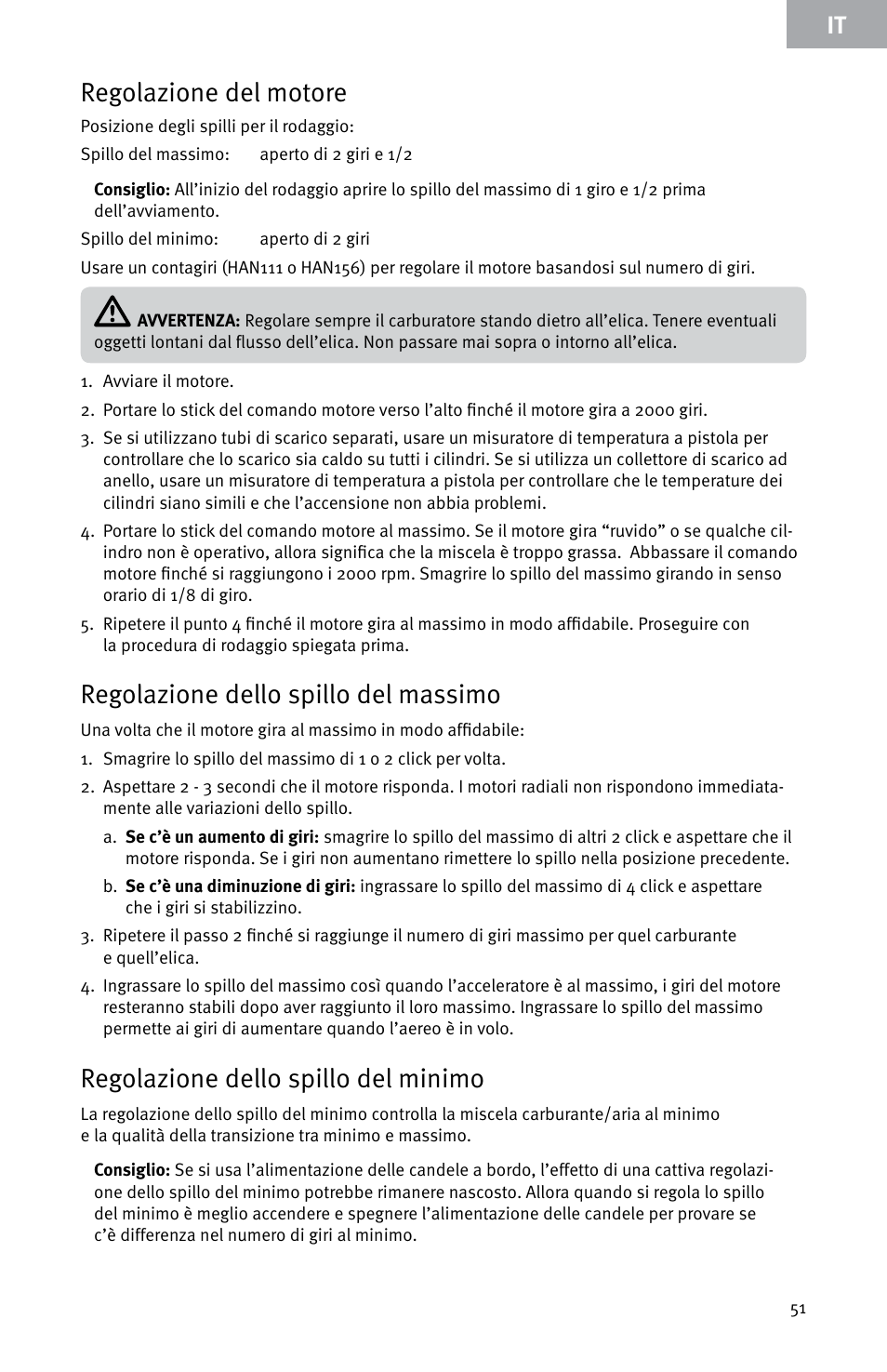 Regolazione del motore, Regolazione dello spillo del massimo, Regolazione dello spillo del minimo | Evolution Engines E999 User Manual | Page 51 / 60