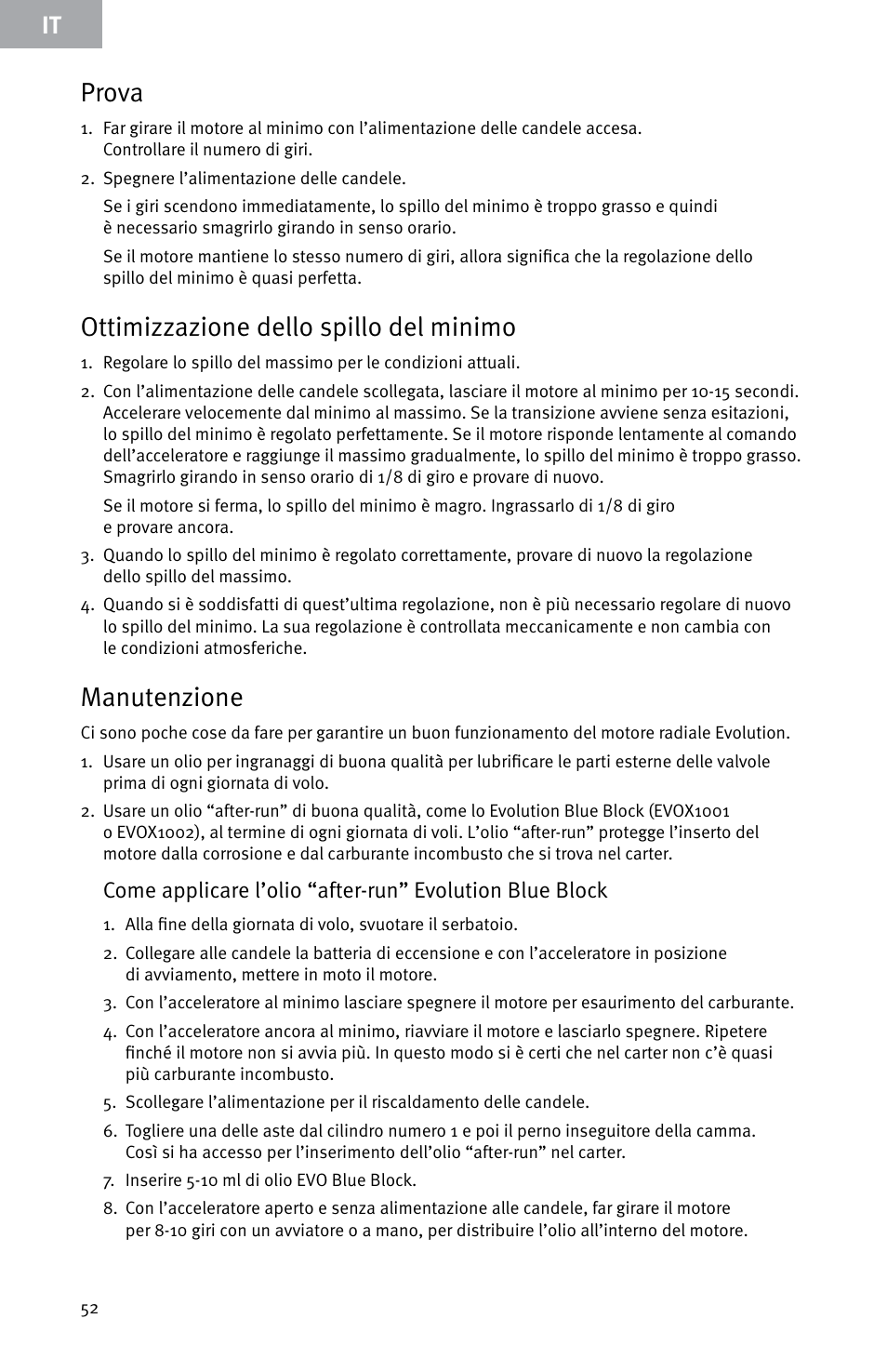 Prova, Ottimizzazione dello spillo del minimo, Manutenzione | Evolution Engines E999 User Manual | Page 52 / 60