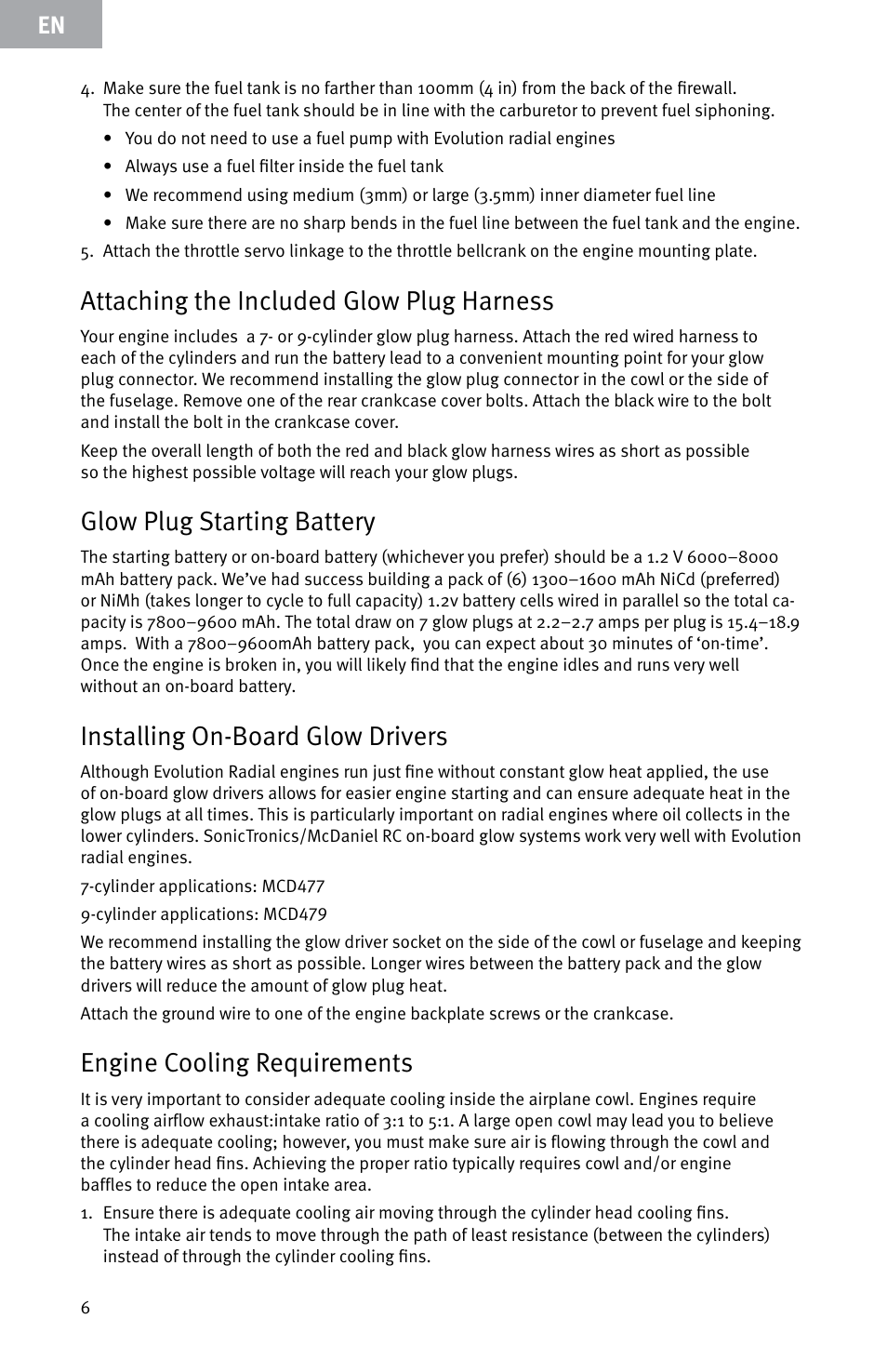 Attaching the included glow plug harness, Glow plug starting battery, Installing on-board glow drivers | Engine cooling requirements | Evolution Engines E999 User Manual | Page 6 / 60