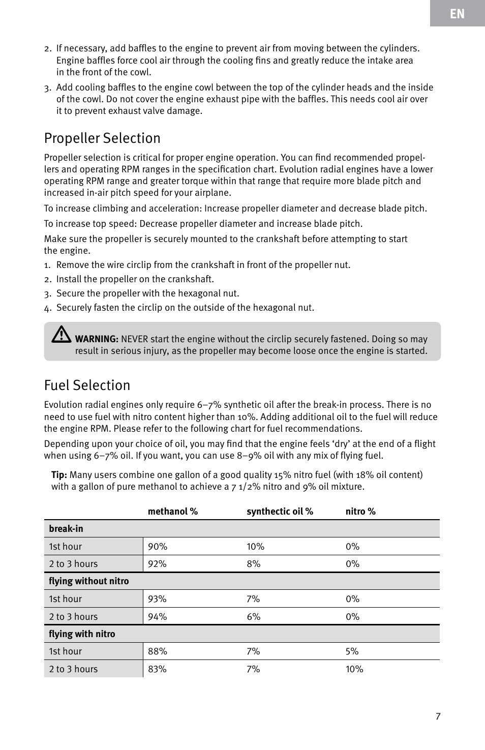 Propeller selection, Fuel selection | Evolution Engines E999 User Manual | Page 7 / 60