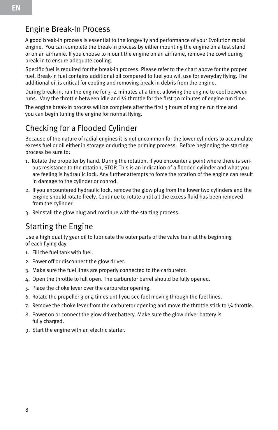 Engine break-in process, Checking for a flooded cylinder, Starting the engine | Evolution Engines E999 User Manual | Page 8 / 60