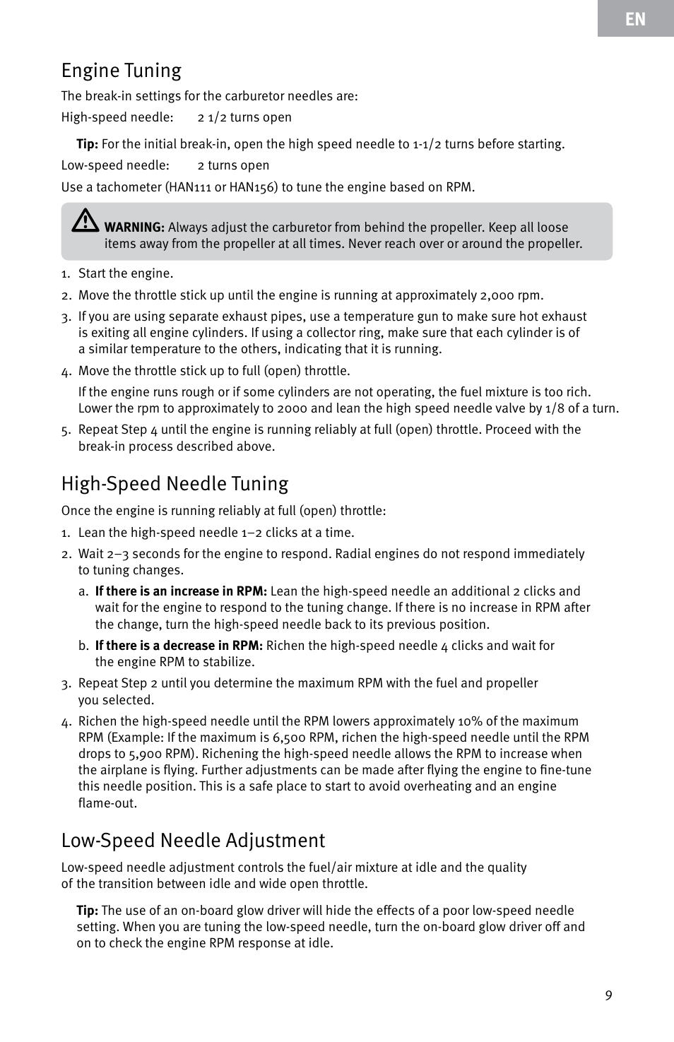Engine tuning, High-speed needle tuning, Low-speed needle adjustment | Evolution Engines E999 User Manual | Page 9 / 60