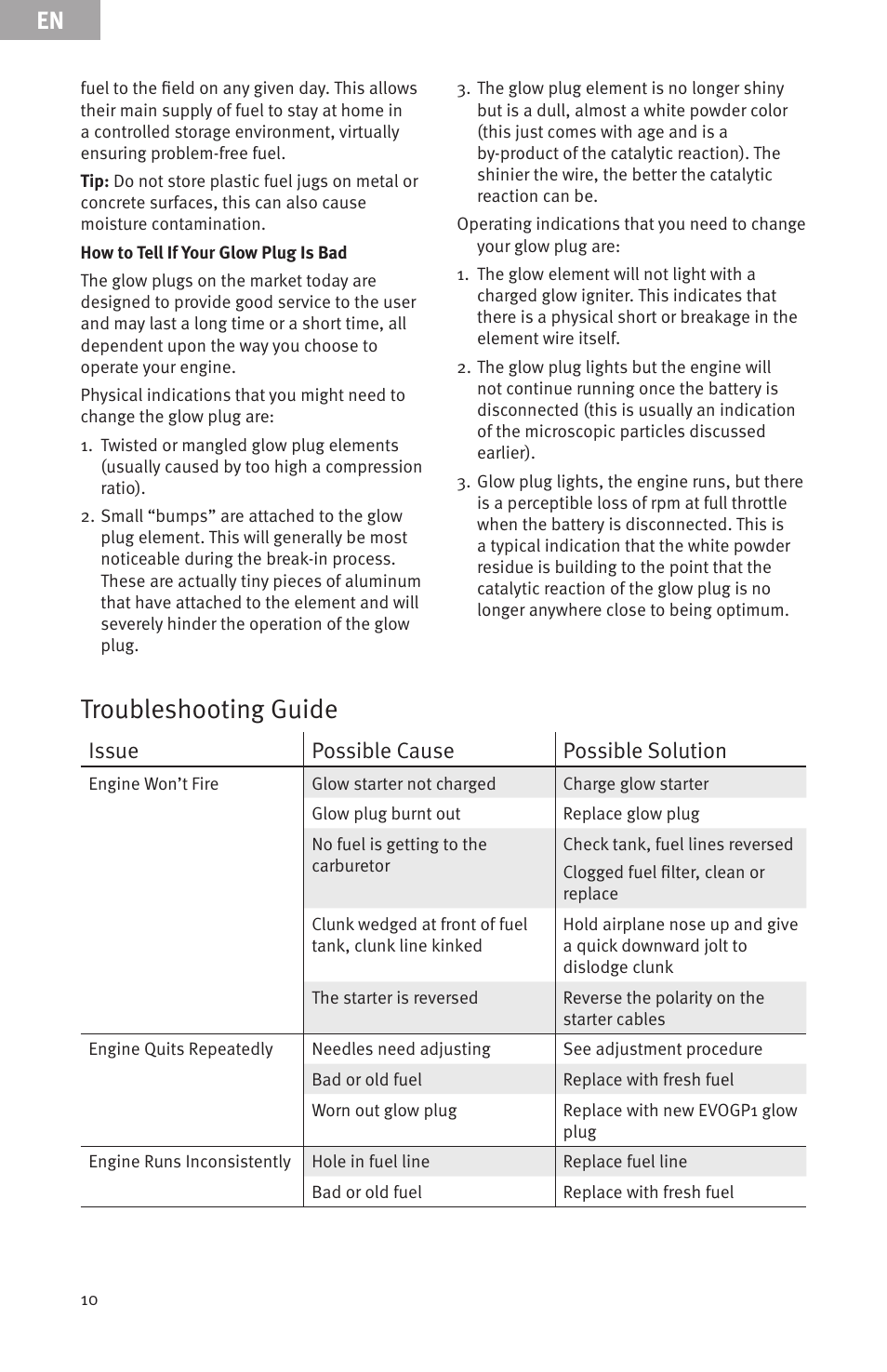 Troubleshooting guide, Issue possible cause possible solution | Evolution Engines 91NX User Manual | Page 10 / 15