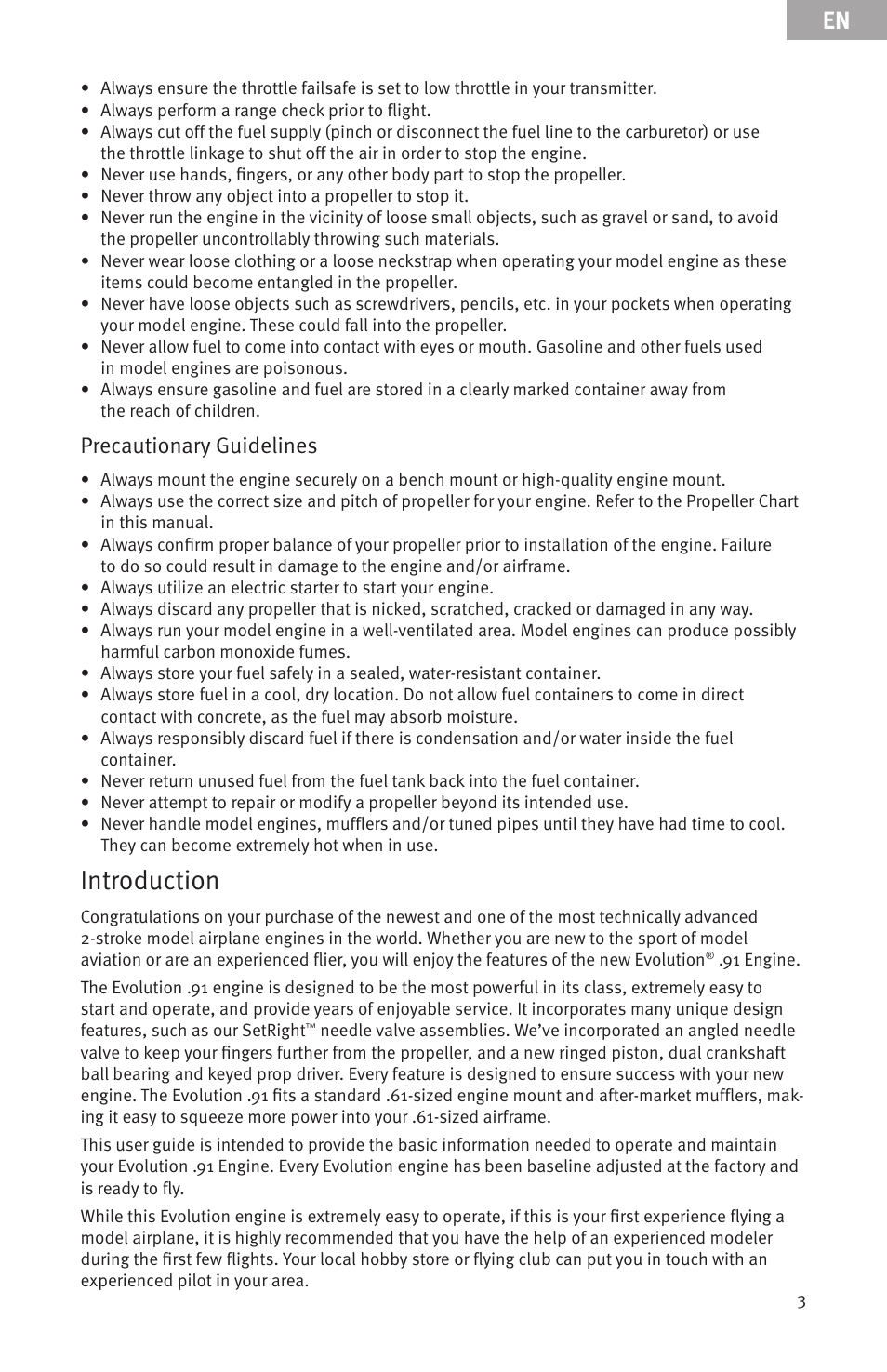 Introduction, Precautionary guidelines | Evolution Engines 91NX User Manual | Page 3 / 15