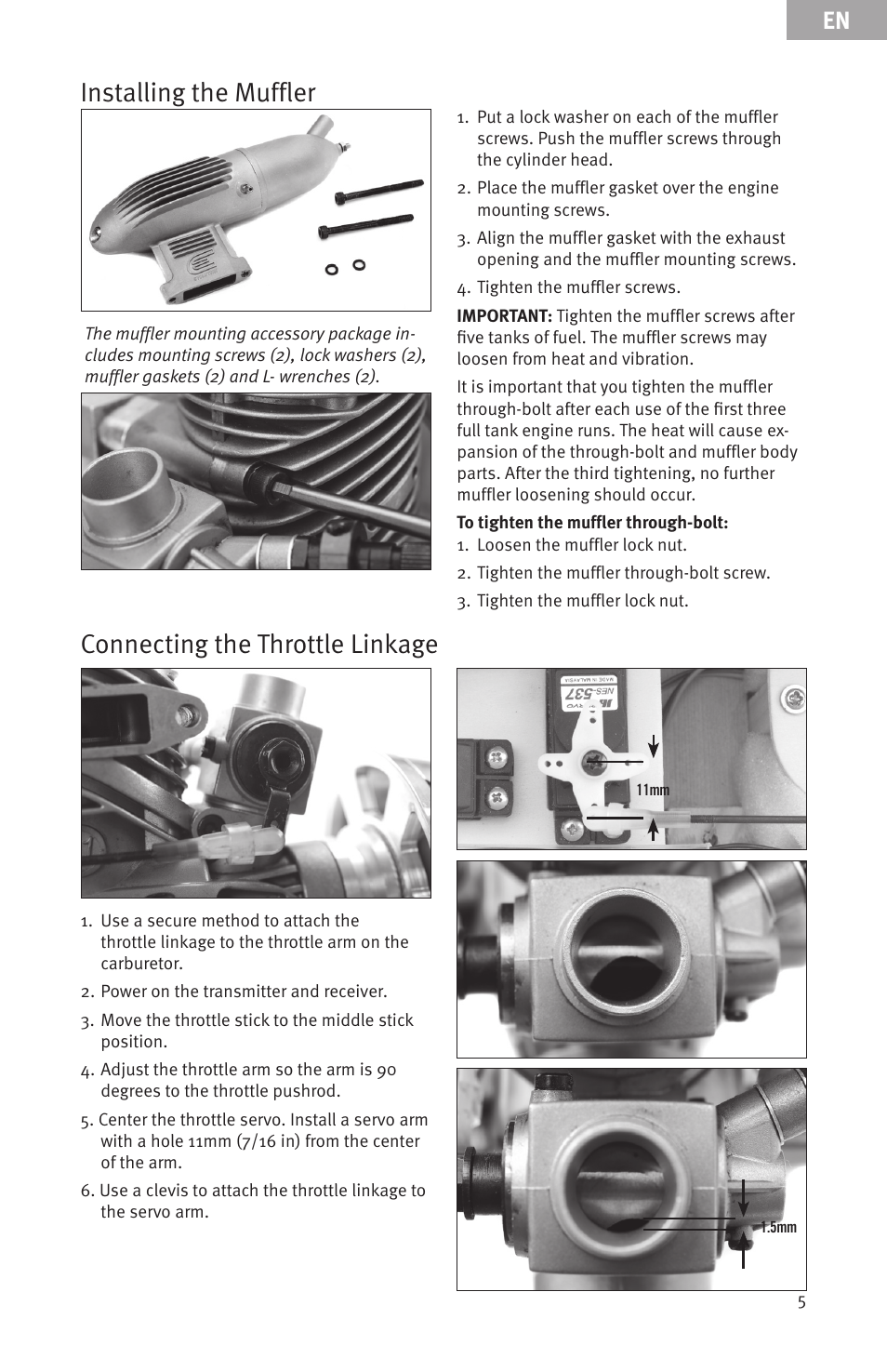 Installing the muffler, Connecting the throttle linkage | Evolution Engines 91NX User Manual | Page 5 / 15