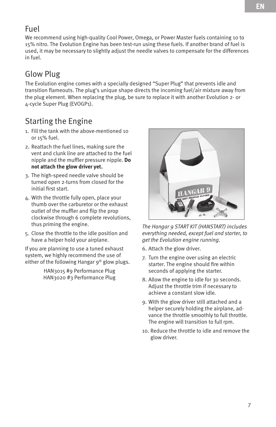 Starting the engine fuel, Glow plug | Evolution Engines 91NX User Manual | Page 7 / 15