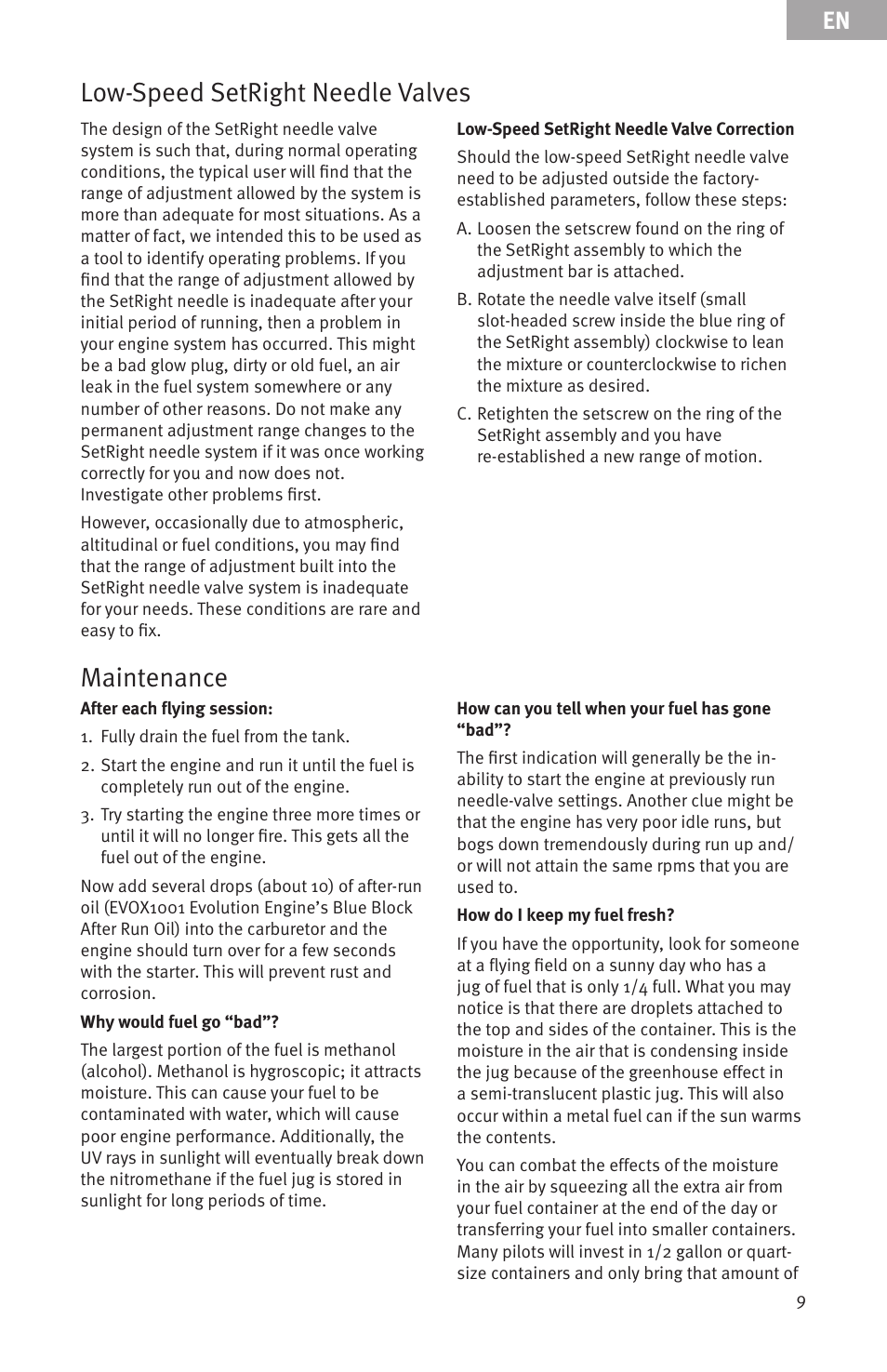 Maintenance low-speed setright needle valves | Evolution Engines 91NX User Manual | Page 9 / 15