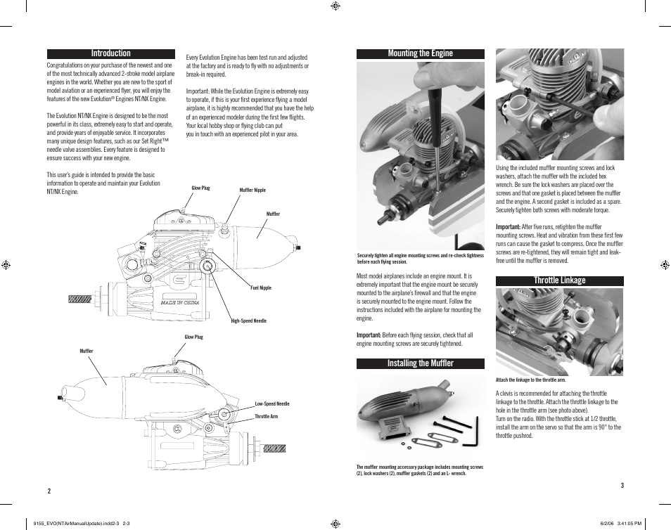 Mounting the engine, Installing the muffler, Throttle linkage | Introduction | Evolution Engines NX Evolution User Manual | Page 2 / 6