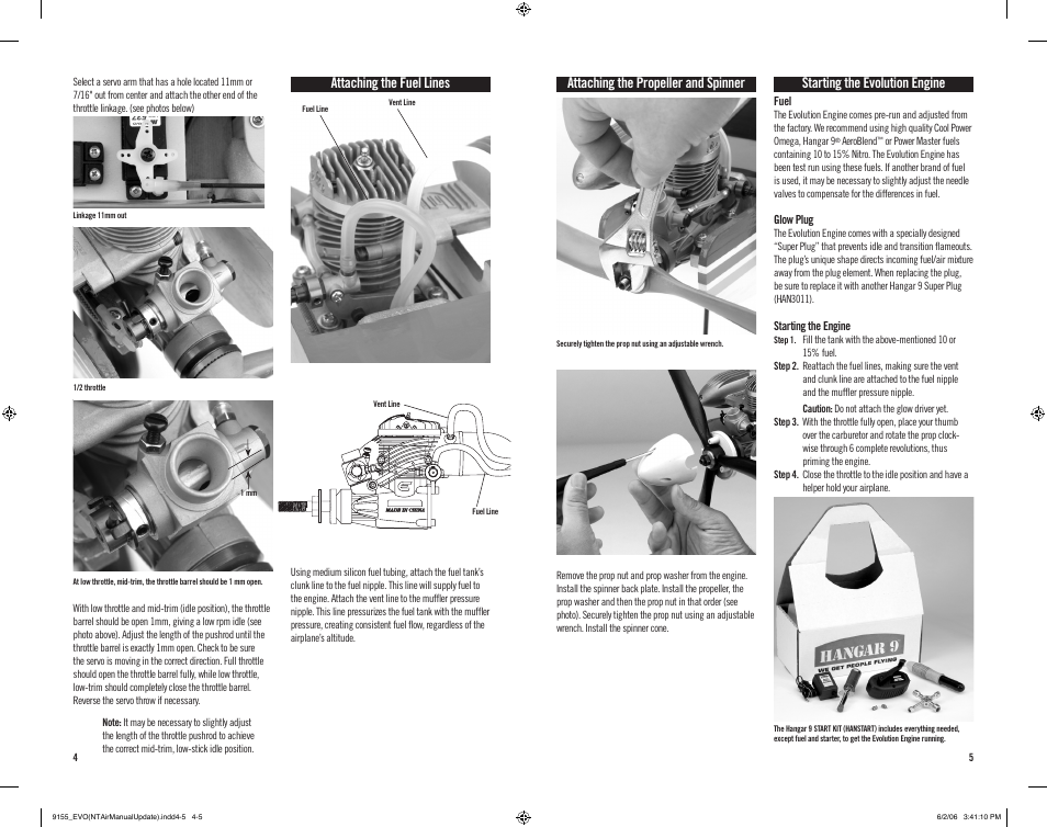 Attaching the propeller and spinner, Starting the evolution engine, Attaching the fuel lines | Evolution Engines NX Evolution User Manual | Page 3 / 6