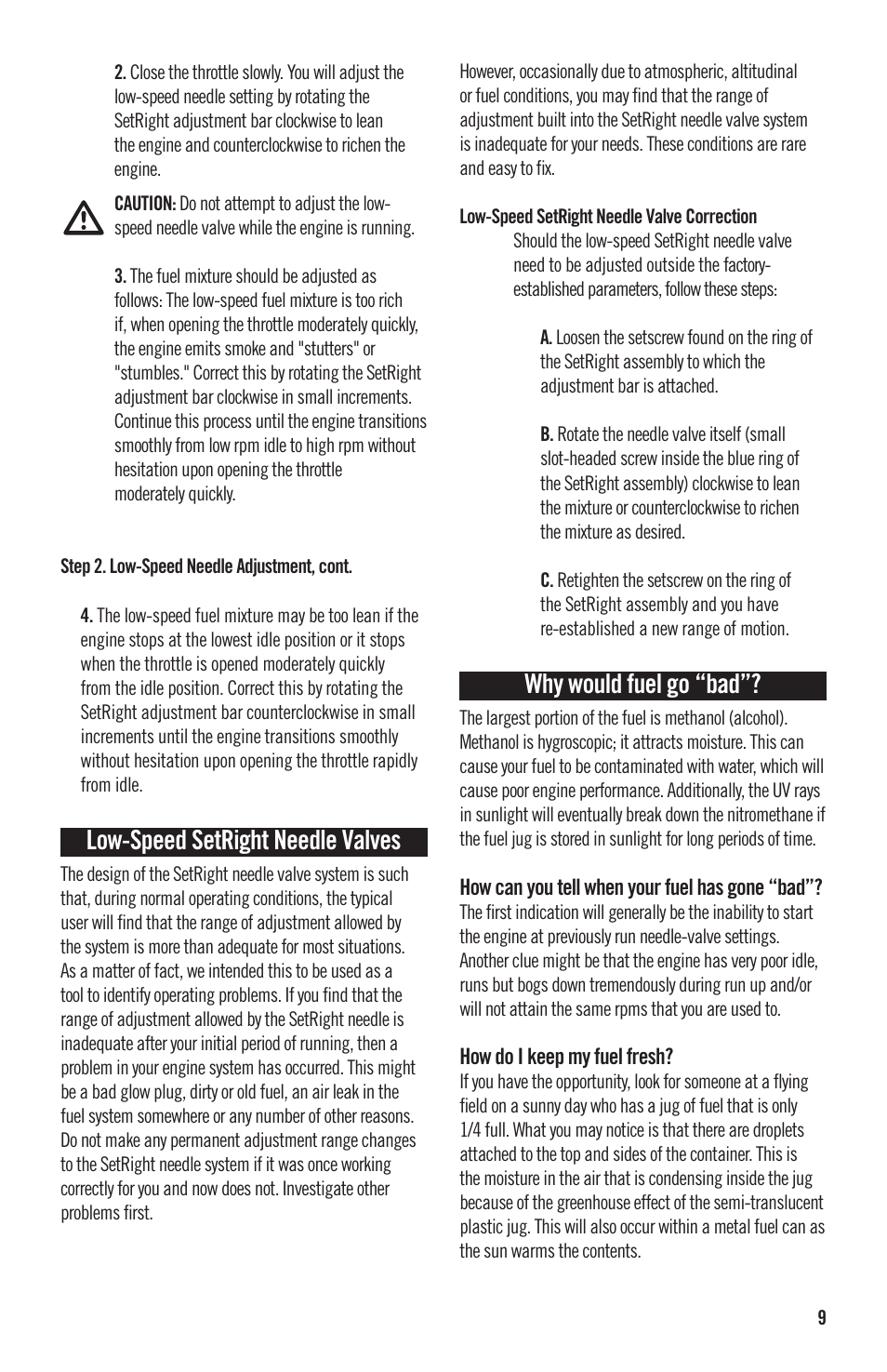 Low-speed setright needle valves, Why would fuel go “bad | Evolution Engines 40NX RC User Manual | Page 10 / 16