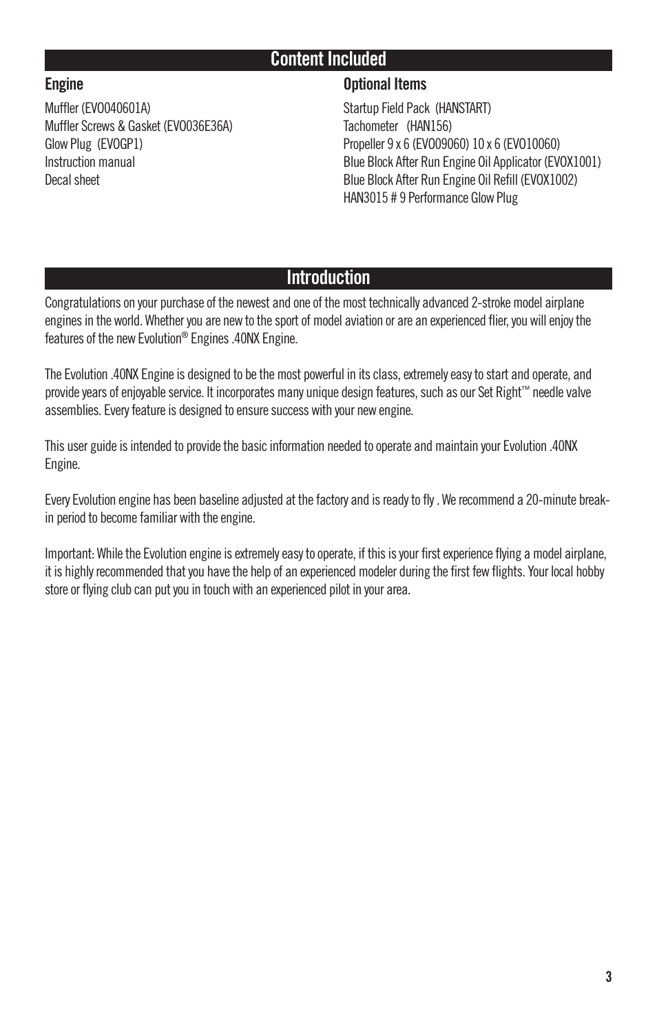 Content included, Introduction | Evolution Engines 40NX RC User Manual | Page 4 / 16
