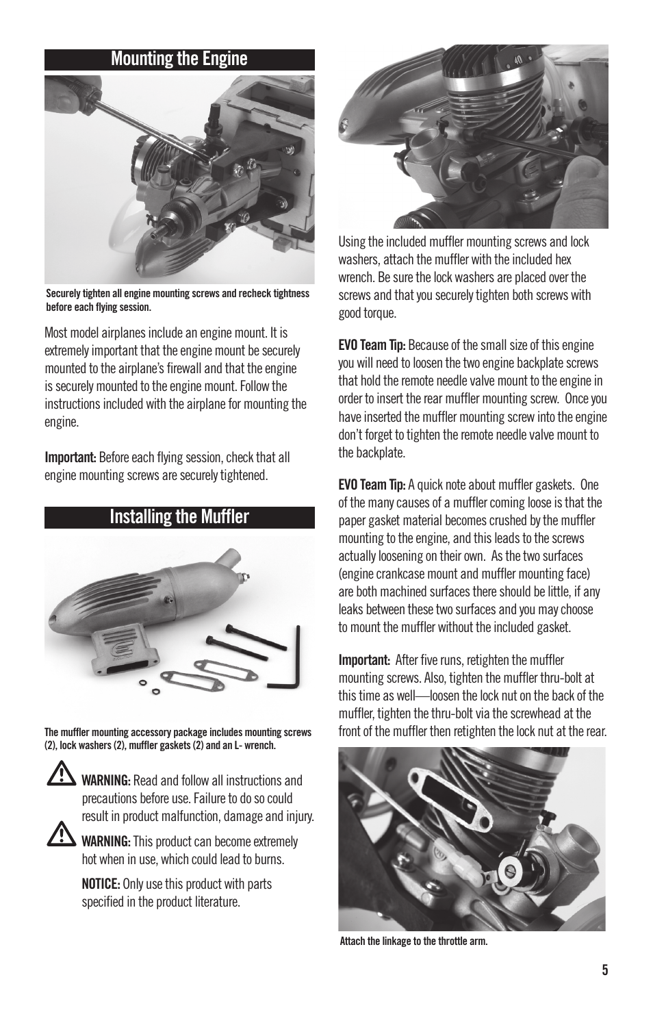 Mounting the engine, Installing the muffler | Evolution Engines 40NX RC User Manual | Page 6 / 16