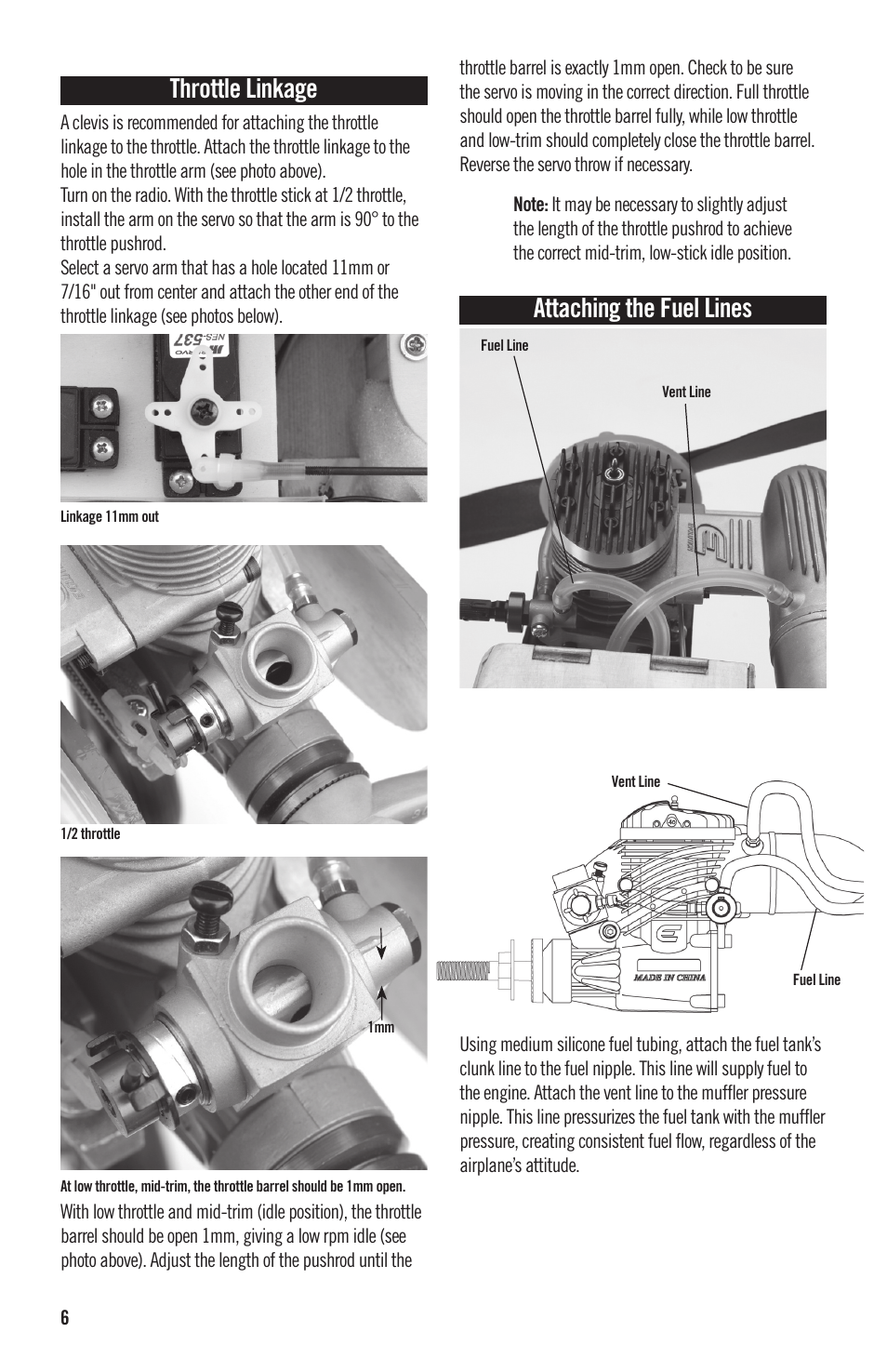 Throttle linkage, Attaching the fuel lines | Evolution Engines 40NX RC User Manual | Page 7 / 16