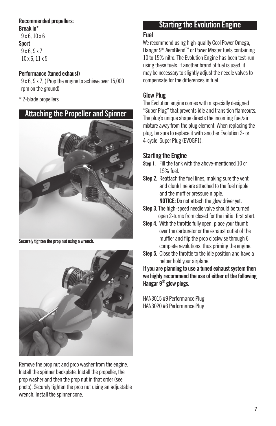 Attaching the propeller and spinner, Starting the evolution engine | Evolution Engines 40NX RC User Manual | Page 8 / 16
