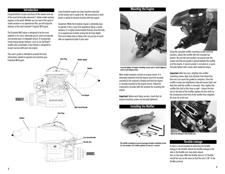 Mounting the engine, Installing the muffler, Throttle linkage | Introduction | Evolution Engines 46NX User Manual | Page 2 / 7