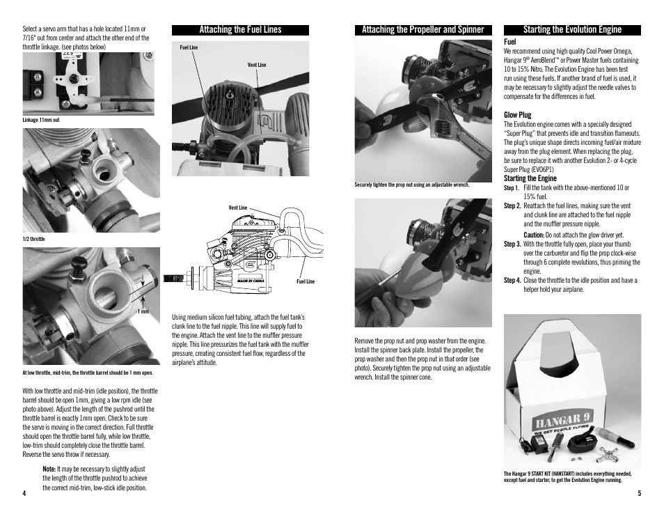 Attaching the propeller and spinner, Starting the evolution engine, Attaching the fuel lines | Evolution Engines 46NX User Manual | Page 3 / 7
