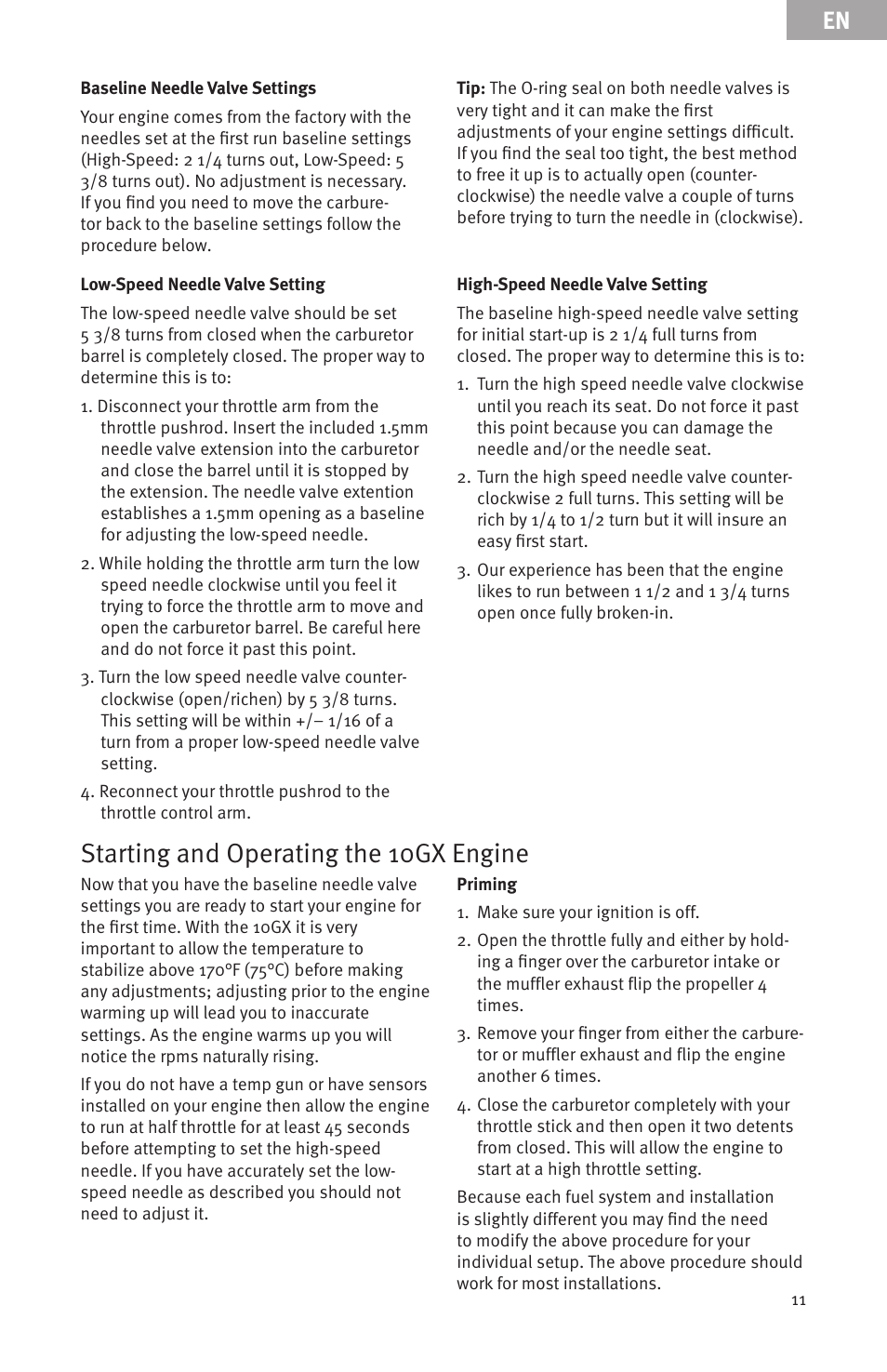 Starting and operating the 10gx engine | Evolution Engines Gas RC User Manual | Page 11 / 72