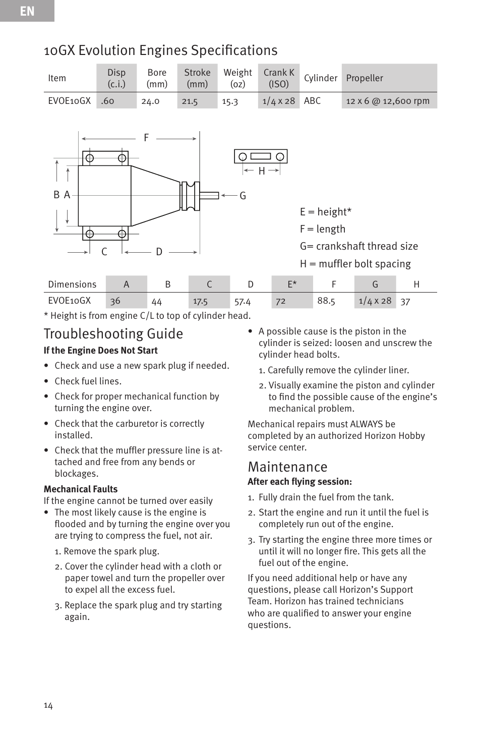 10gx evolution engines specifications, Troubleshooting guide, Maintenance | Evolution Engines Gas RC User Manual | Page 14 / 72