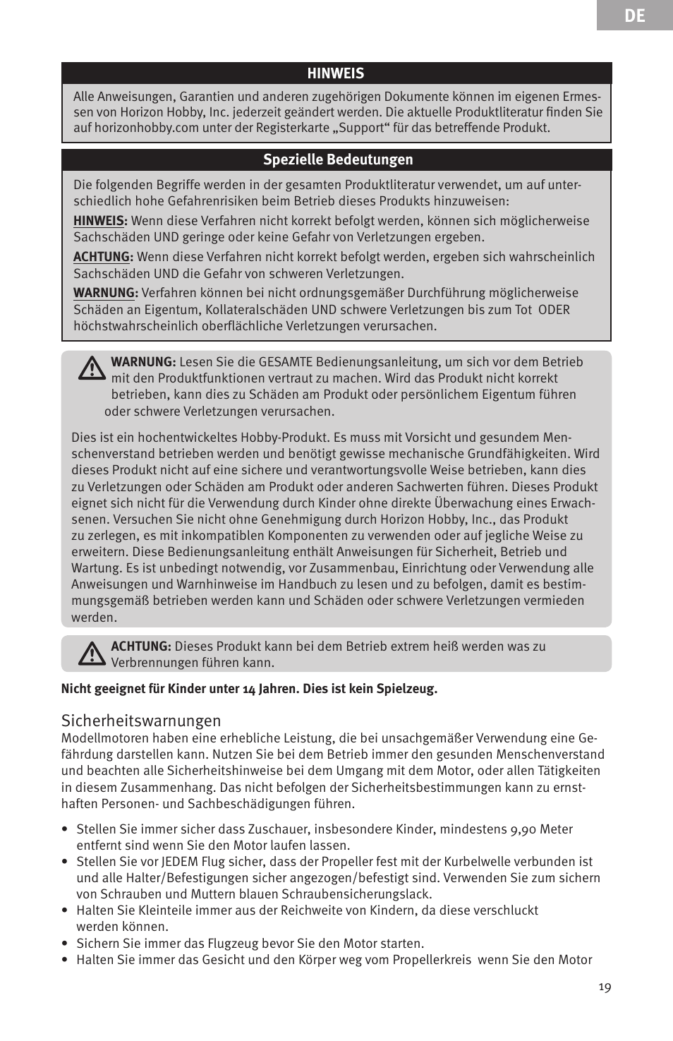 Sicherheitswarnungen | Evolution Engines Gas RC User Manual | Page 19 / 72