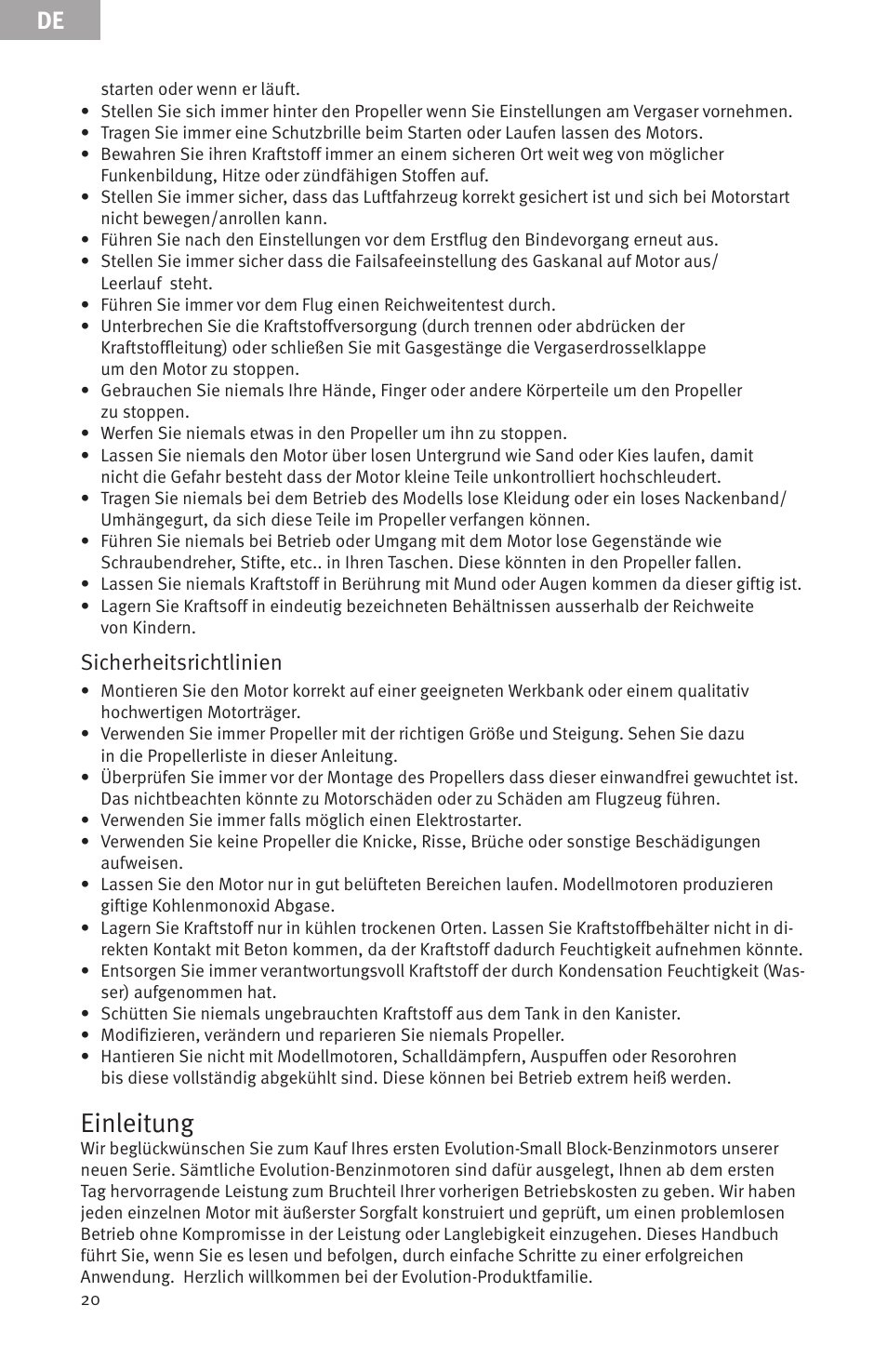 Einleitung, Sicherheitsrichtlinien | Evolution Engines Gas RC User Manual | Page 20 / 72