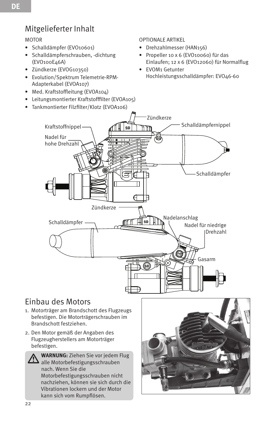 Einbau des motors, Mitgelieferter inhalt | Evolution Engines Gas RC User Manual | Page 22 / 72