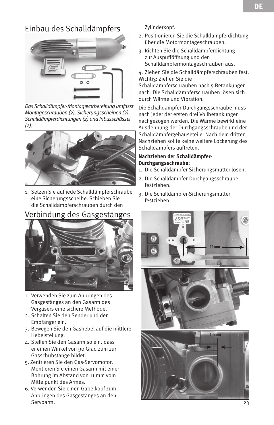 Verbindung des gasgestänges, Einbau des schalldämpfers | Evolution Engines Gas RC User Manual | Page 23 / 72