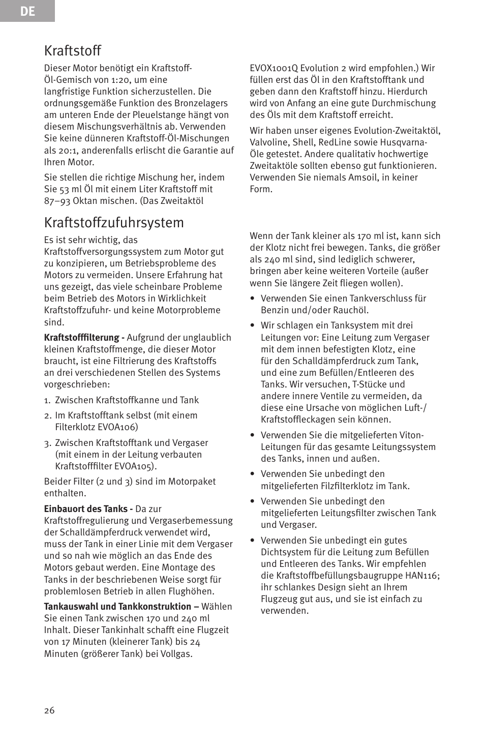 Kraftstoff, Kraftstoffzufuhrsystem | Evolution Engines Gas RC User Manual | Page 26 / 72