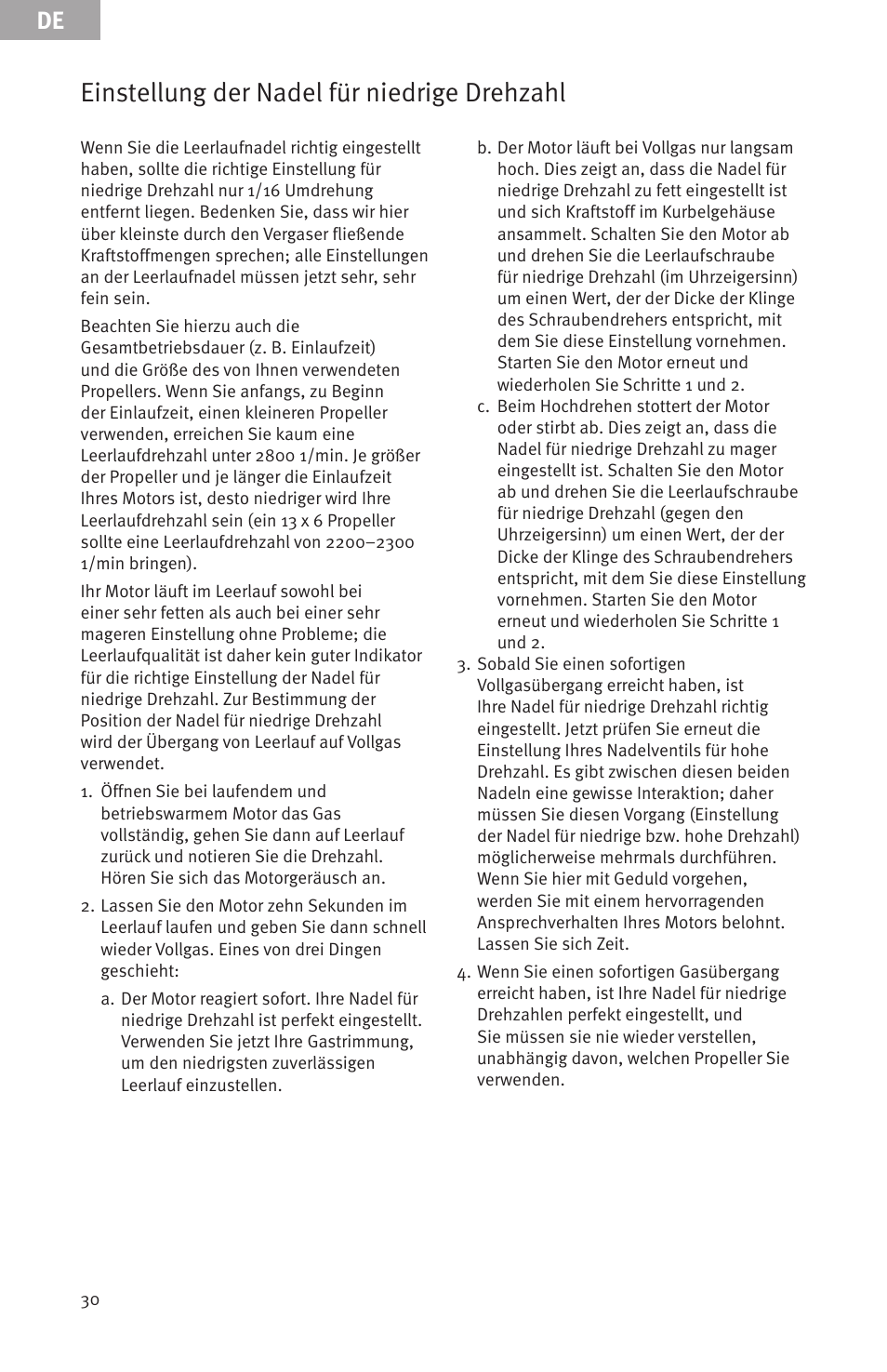 Einstellung der nadel für niedrige drehzahl | Evolution Engines Gas RC User Manual | Page 30 / 72
