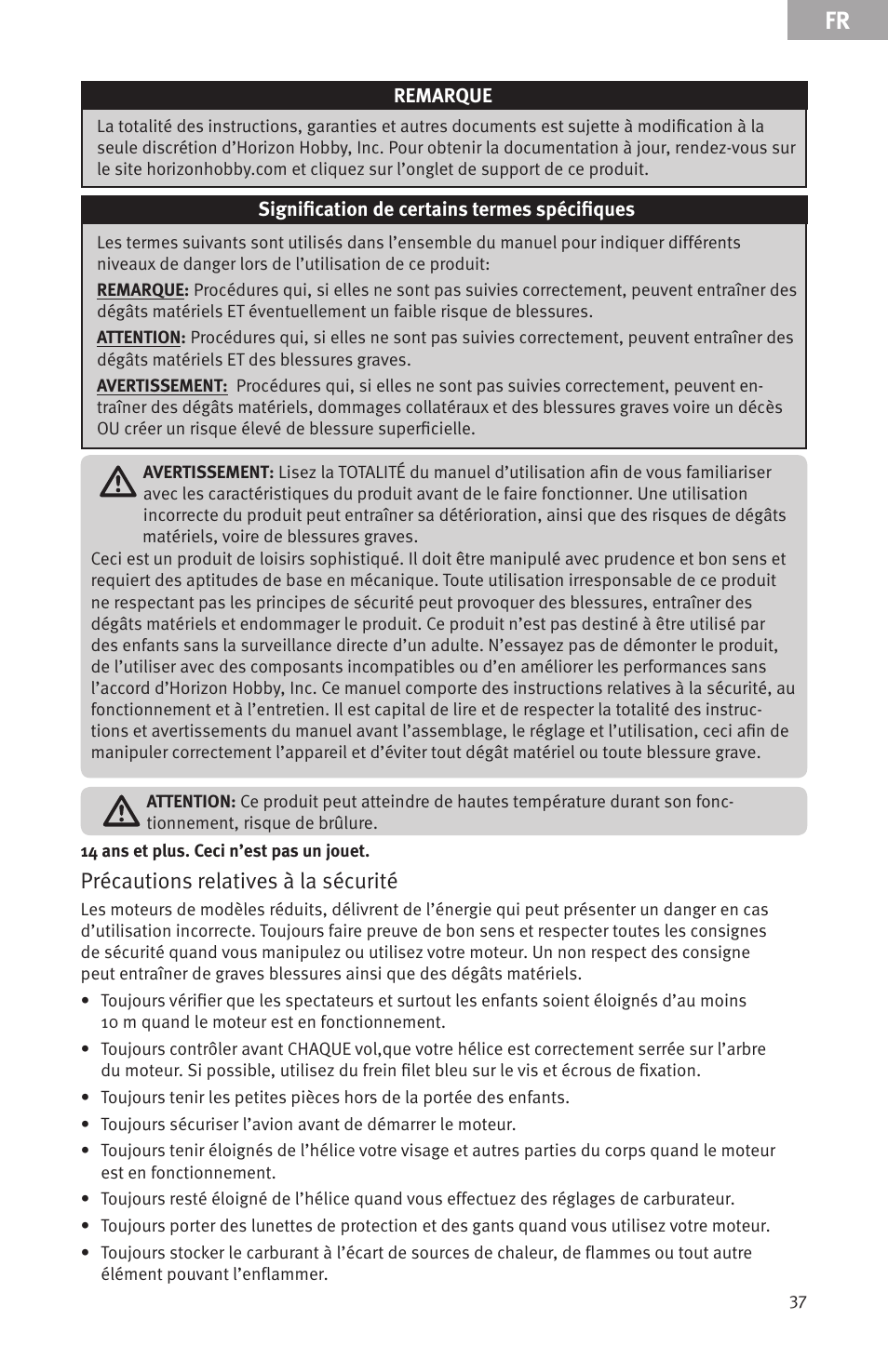 Précautions relatives à la sécurité | Evolution Engines Gas RC User Manual | Page 37 / 72