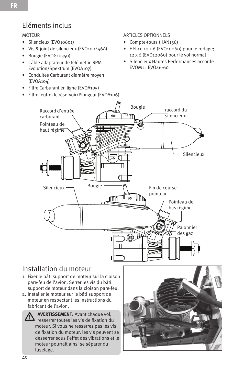Installation du moteur, Eléments inclus | Evolution Engines Gas RC User Manual | Page 40 / 72