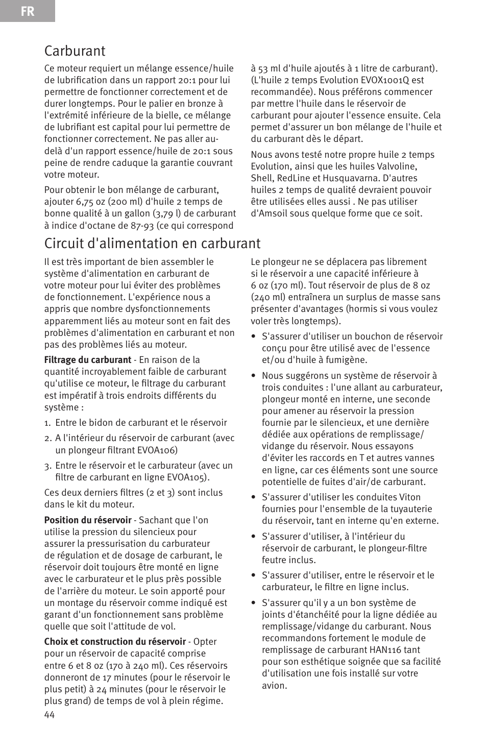 Carburant, Circuit d'alimentation en carburant | Evolution Engines Gas RC User Manual | Page 44 / 72