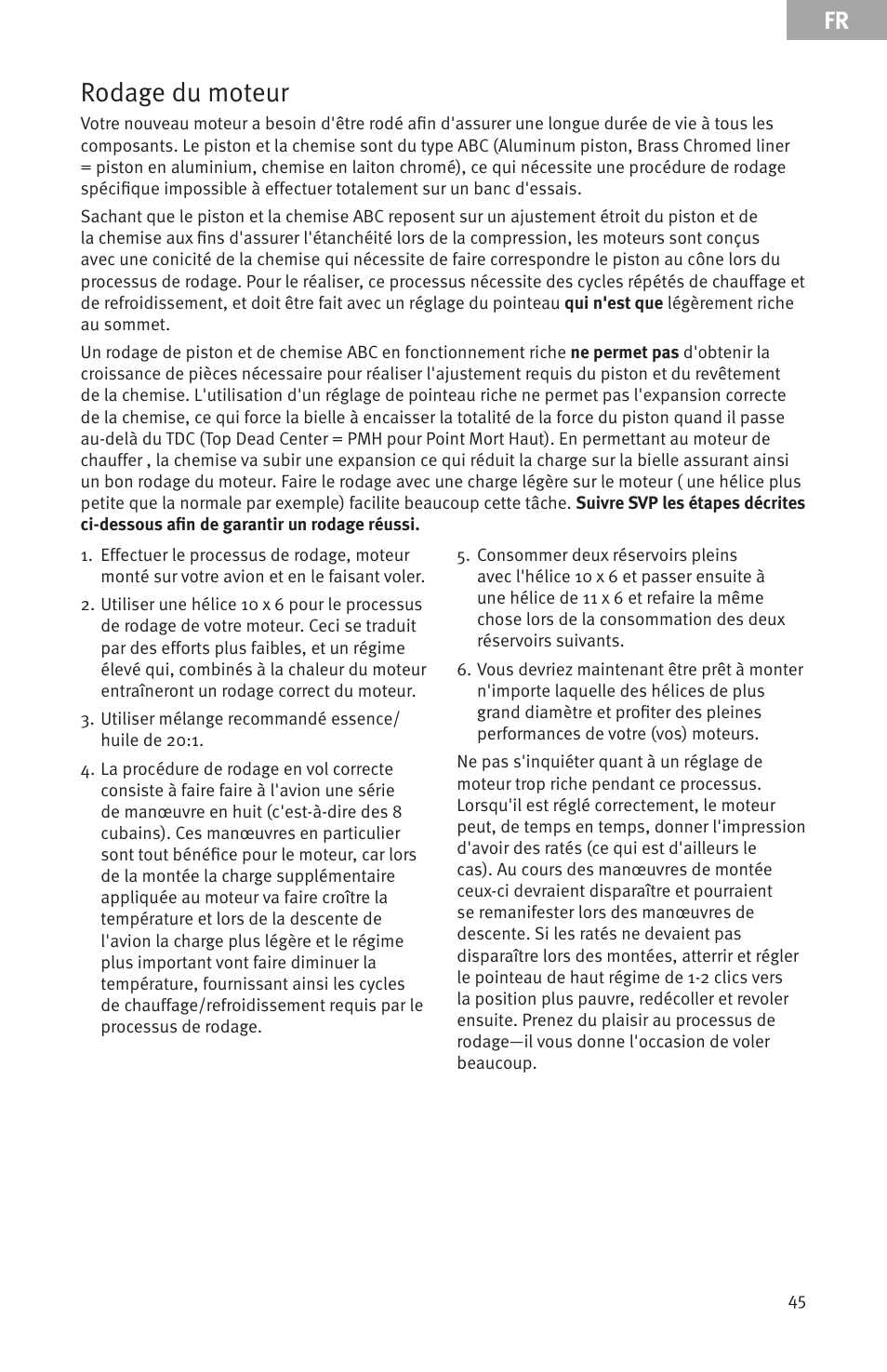 Rodage du moteur | Evolution Engines Gas RC User Manual | Page 45 / 72